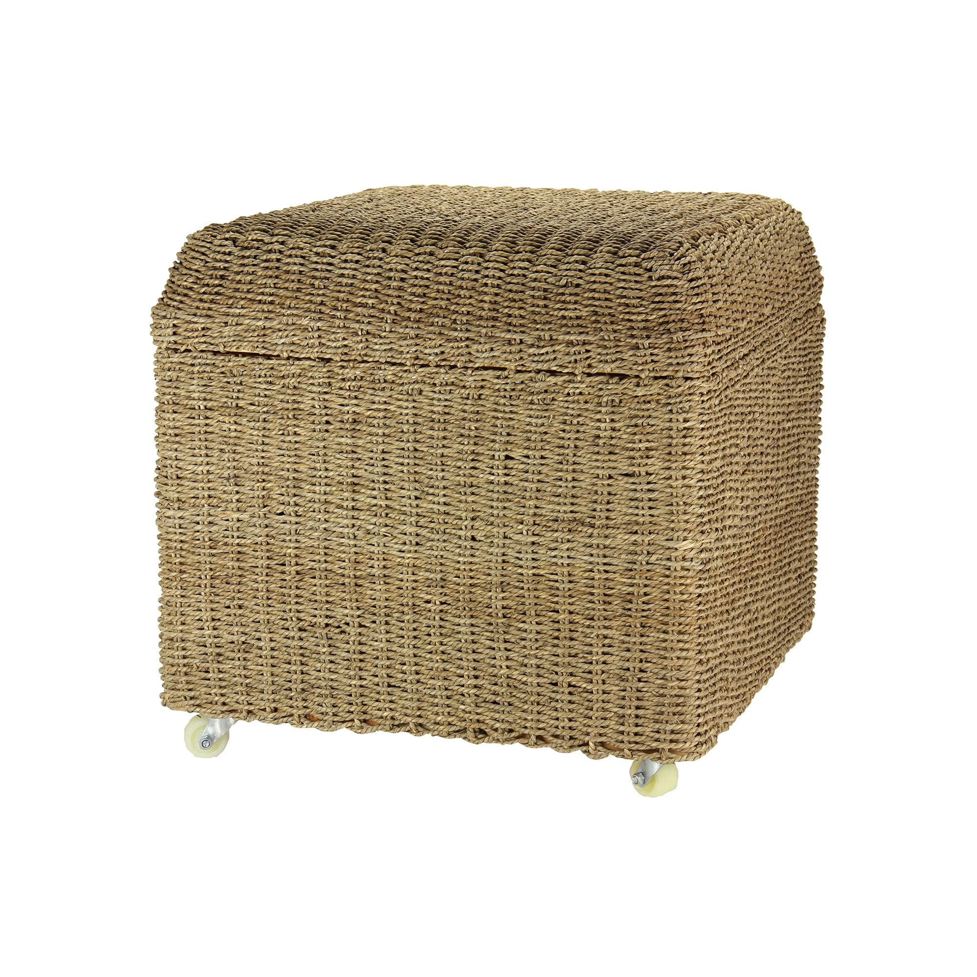 Seagrass Wicker Storage Bench with Wheels - Rolling Storage Ottoman for Living Room, Bedroom & Entryway - Natural Woven Basket Seat with Lid for Blankets, Toys & Home Organization