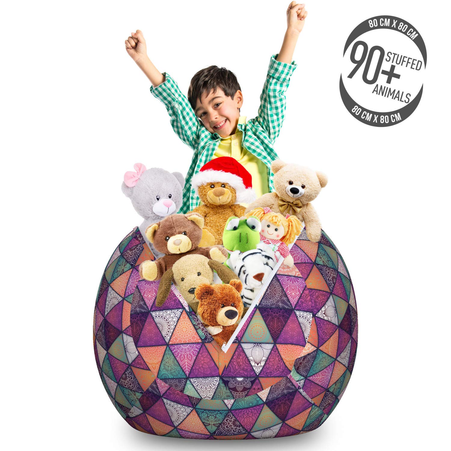Ambesonne Large Washable Toy Storage Bag Chair - Ethnic Floral Patchwork Design with Geometric Triangles, Stuffed Animal Organizer for Kids' Room Decor | Perfect for Playroom, Bedroom & Nursery Organization