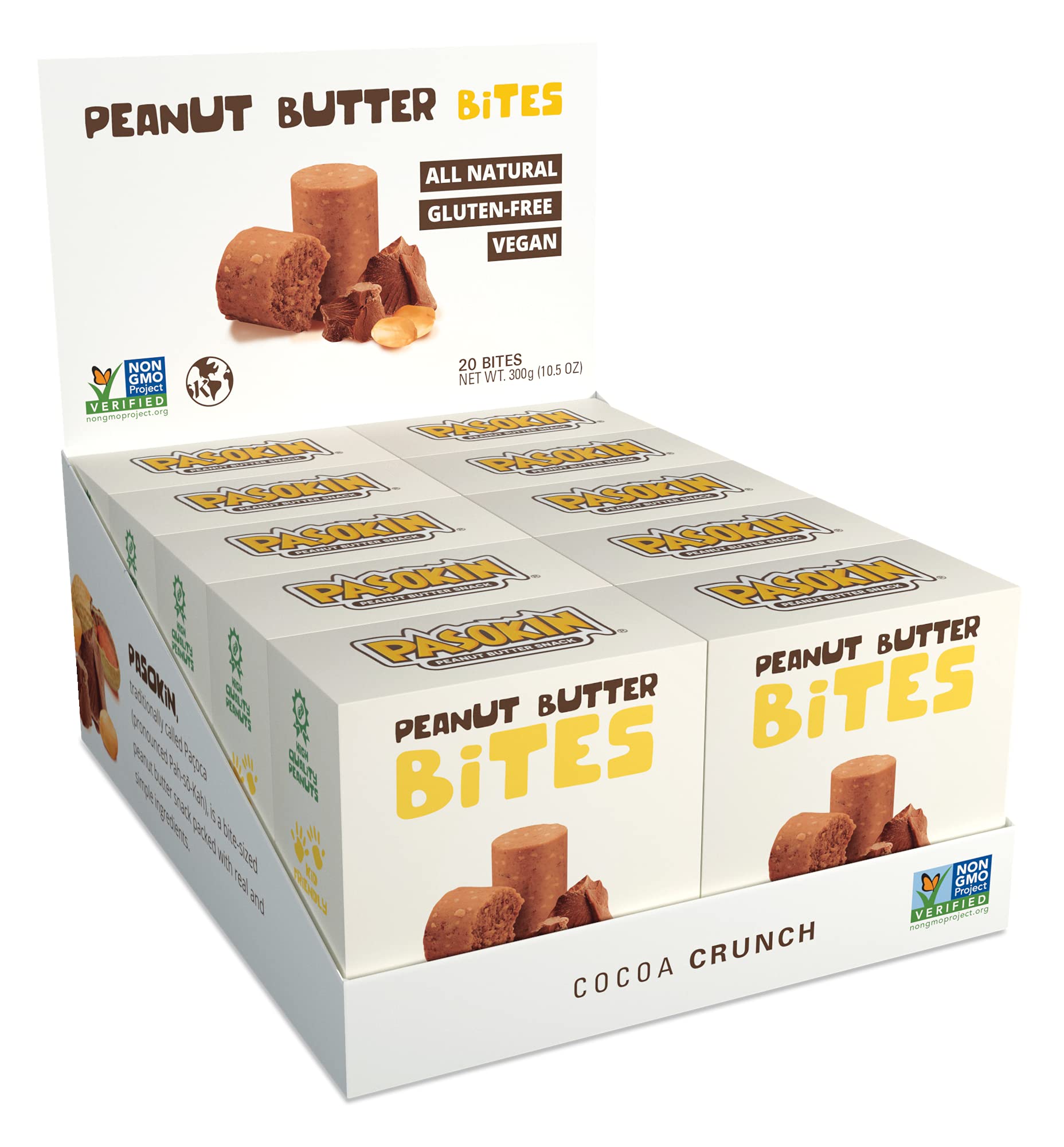 **PASOKIN Cocoa Crunch Natural Peanut Butter Bites – Kosher, Gluten-Free, Vegan, High-Protein Snack – Crunchy & Creamy Chocolate Paçoca – Made in USA, 0.5 oz (20 Count) – Perfect for On-the-Go, Healthy Office Snacks & Post-Workout Energy Boost**