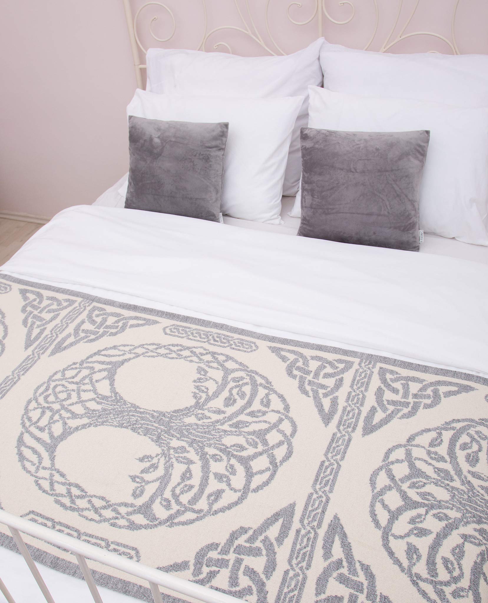 SAOL Irish Tree of Life Bed Scarf Runner - Soft Wool Blend Bedspread for King Size Beds (Grey) - Elegant Bedroom Decor for Master & Guest Rooms