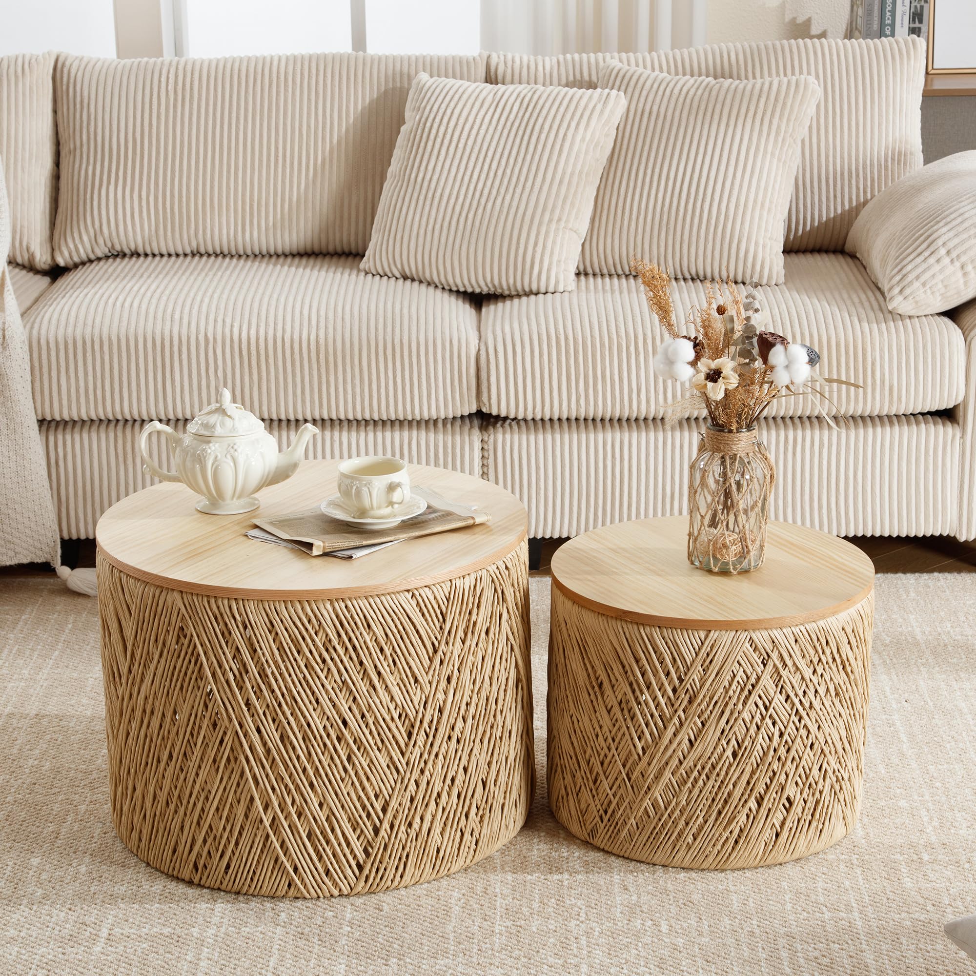 Rustic Round Coffee Table with Storage - Handwoven Rattan Lift Top Boho Side Table for Living Room, Bedroom & Patio - Natural Wood Nesting Table for Home Decor