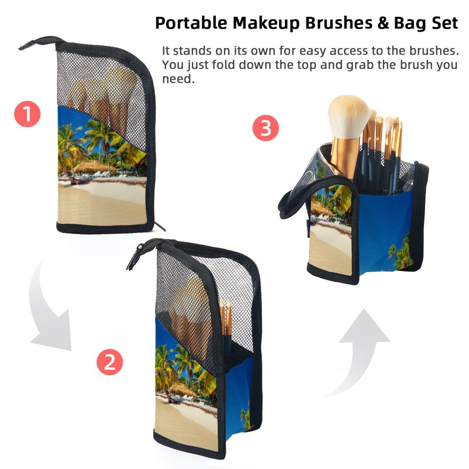 Premium 12-Piece Makeup Brush Organizer Bag with Tropical Beach Design - Portable Waterproof Cosmetic Brush Holder Case for Travel, Home & Professional Makeup Artists