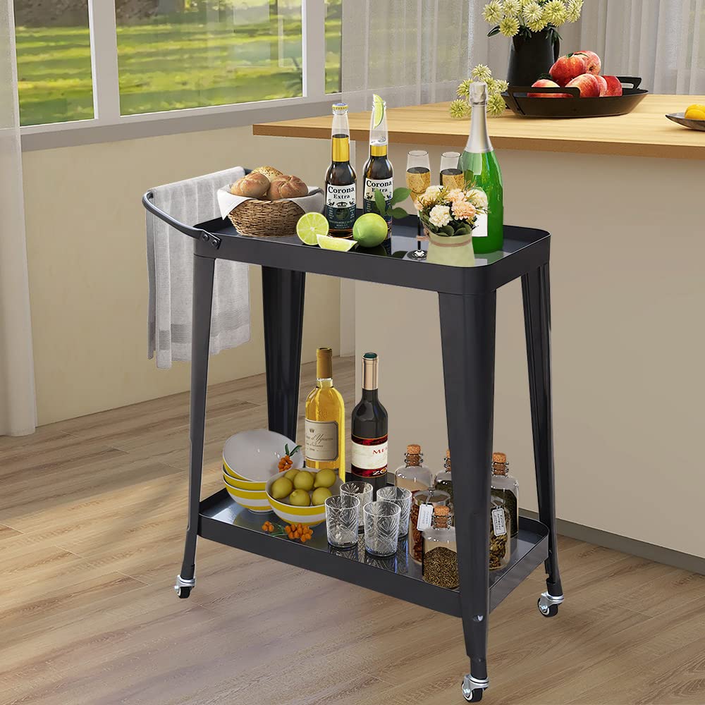 MAYPEX 2-Tier Rolling Bar Cart with Swivel Wheels - Metal Utility Kitchen Cart for Storage & Serving - Glossy Pearl Ash Finish - Perfect for Kitchen, Bathroom, Living Room, Bar & Restaurant Use