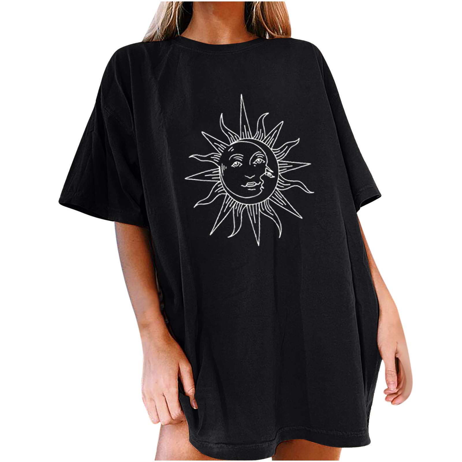 Vintage Sun and Moon Printed Short Sleeve T-Shirt for Women - Casual Boho Blouse, Summer Graphic Tee, Festival Top - Perfect for Beach Outings, Music Festivals & Everyday Wear