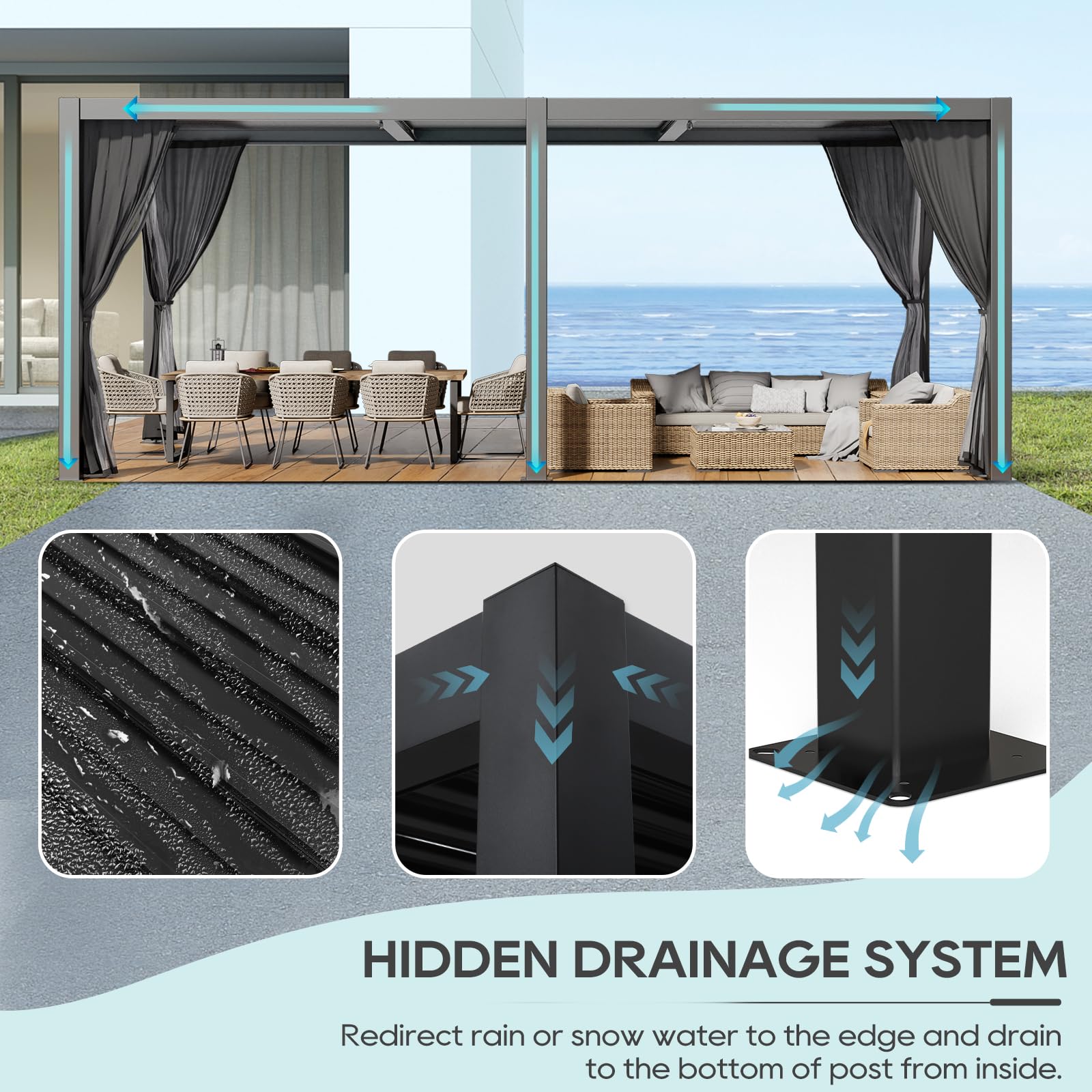 LVUYOYO 10' x 20' Adjustable Louvered Pergola - Aluminum Outdoor Gazebo with Roof, Curtains & Netting for Patio, Backyard, Garden, Deck - Perfect for Outdoor Entertaining & Relaxation (Black)
