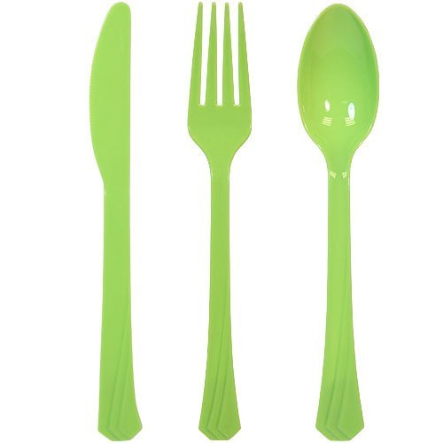 Tiger Chef 216-Pack Heavy Duty Plastic Cutlery Set - 72 Forks, 72 Teaspoons, 72 Knives in Lime Green, Island Blue & Pearl White | Durable Disposable Silverware for Parties, Picnics, BBQs & Catering Events