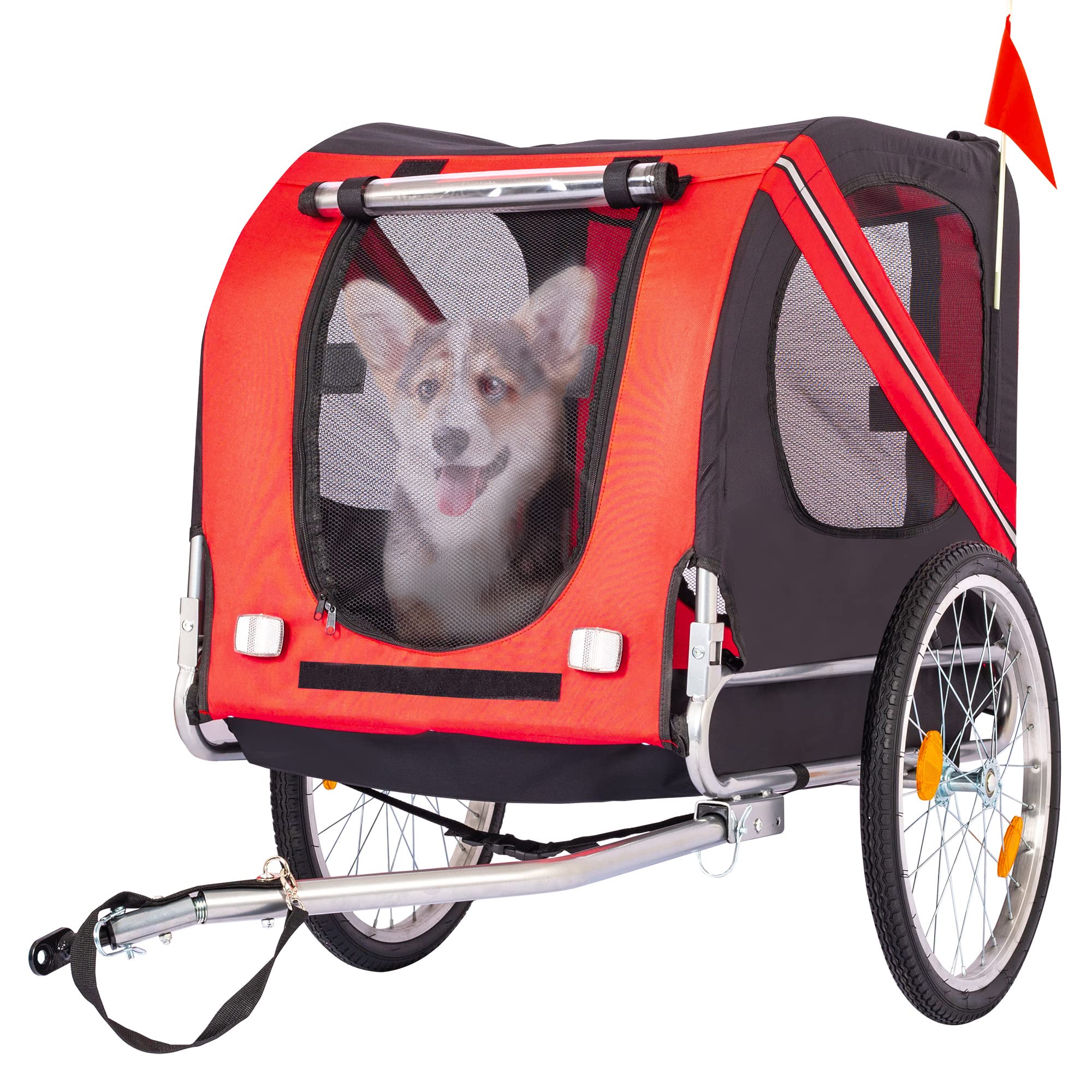 Foldable Bike Dog Trailer with 3 Entry Points - Safety Flag & 8 Reflectors, 20