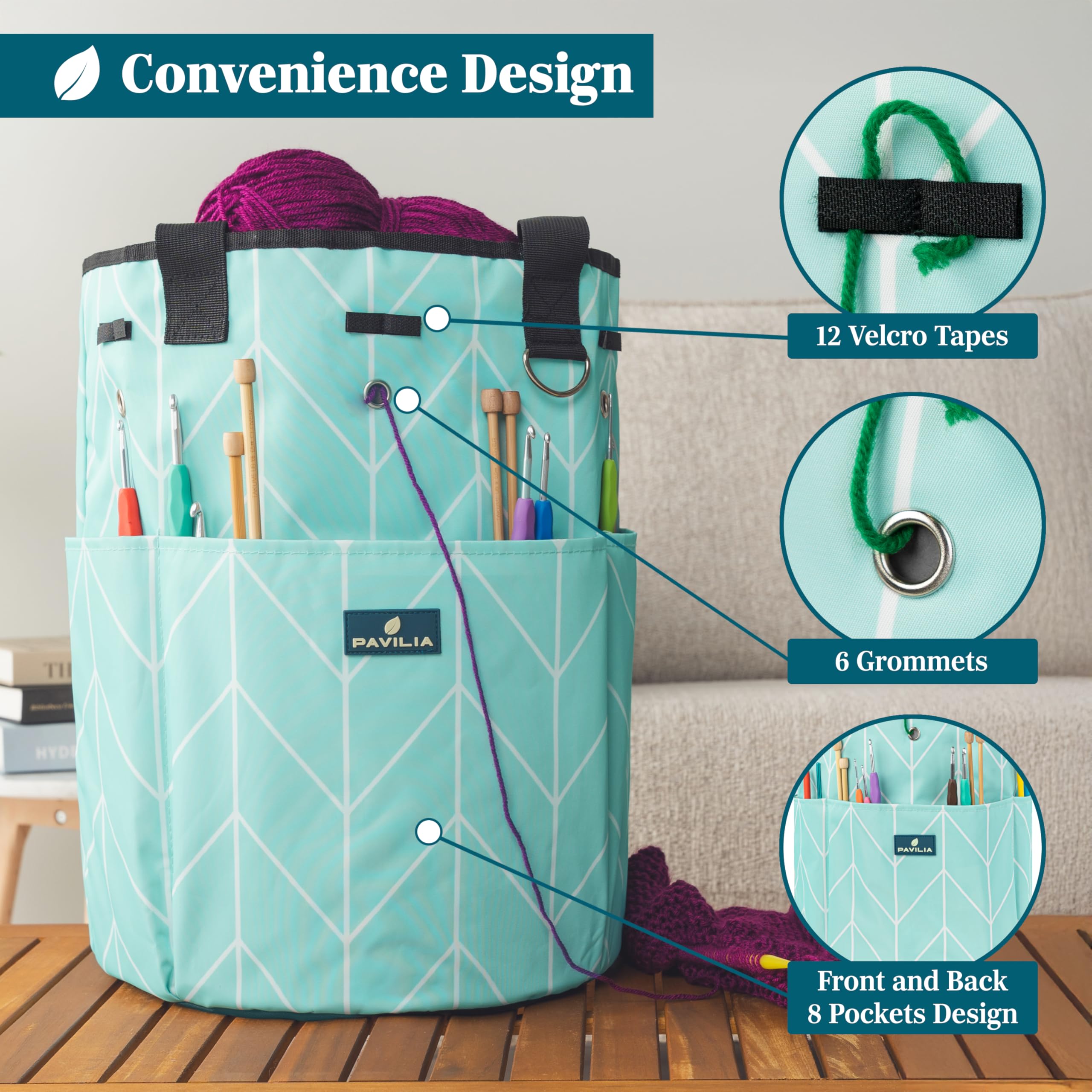 PAVILIA Crochet Yarn Bag Organizer with Grommets - Portable Knitting Storage for Crafters On The Go - Chevron Teal - Perfect Gift for Knitters & Crochet Lovers