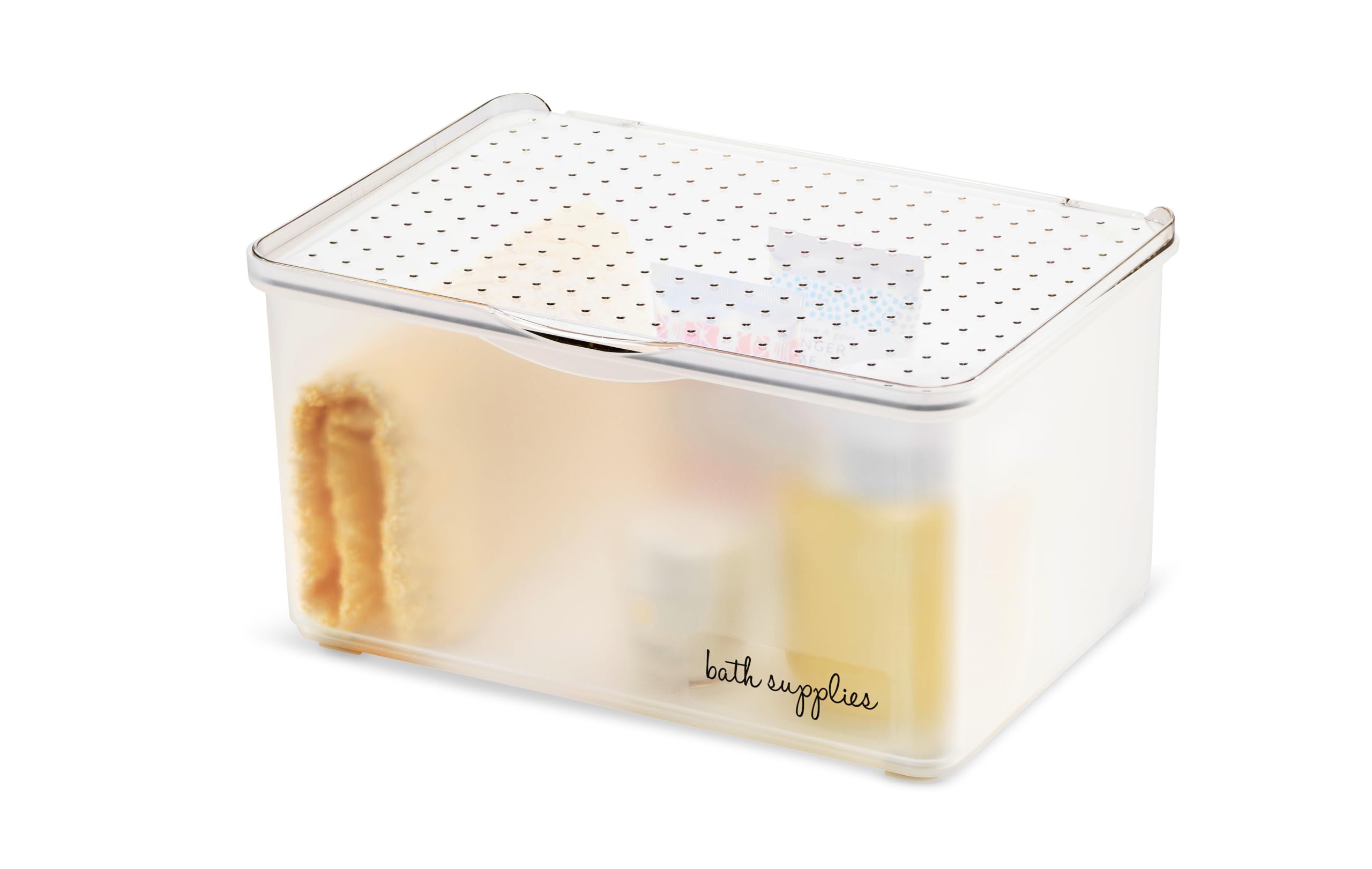 Madesmart Medium Stacking Lid Storage Bin - White Plastic Bathroom Organizer with Dry-Erase Label Space | Perfect for Bathroom Shelves, Under Sink Storage & Closet Organization