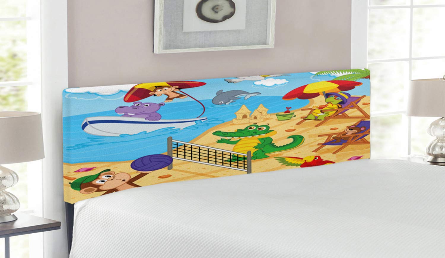 Ambesonne Animal Print Headboard - Cartoon Beach Scene with Monkey, Hippo & Dolphin - Upholstered Decorative Metal Bed Frame with Memory Foam - Queen Size Multicolor Headboard for Kids Room & Beach-Themed Bedroom Decor