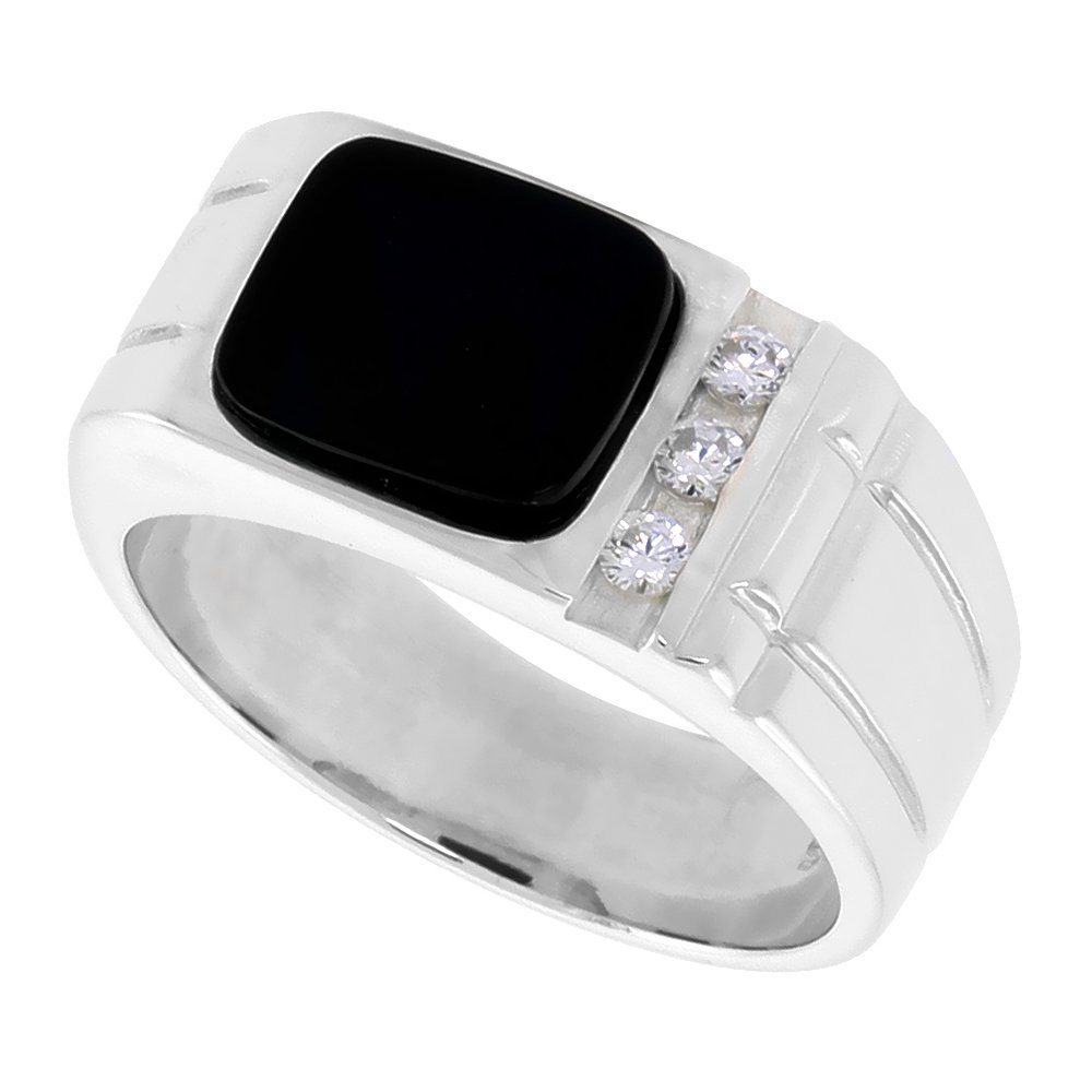 Men's Sterling Silver Black Onyx Ring with CZ Accent - 3/8