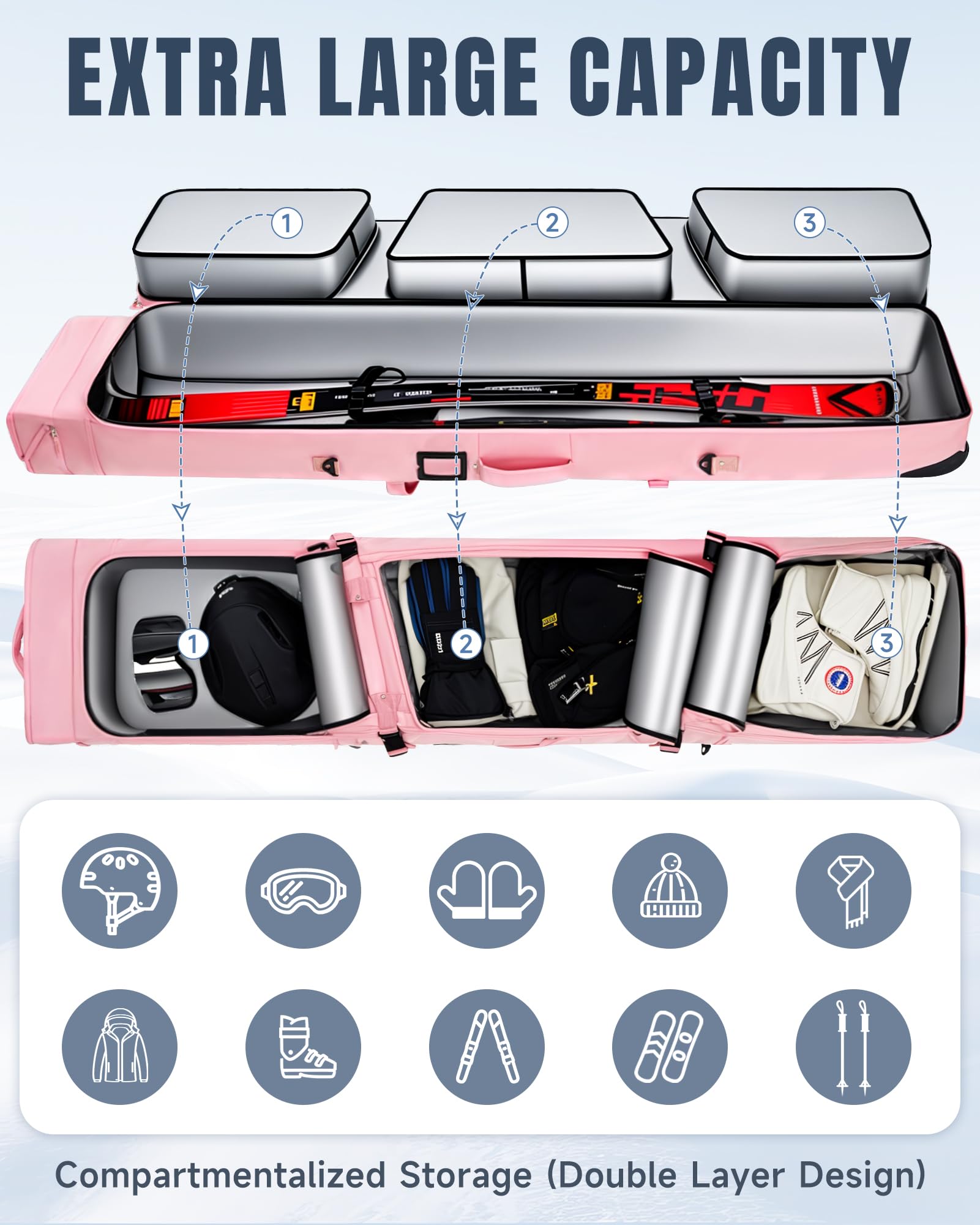 MANUEKLEAR Rolling Ski Travel Bag - Waterproof Snowboard Bag with Wheels for Skis 170-190cm | Durable Foldable Double Ski Carrier with Padded Protection & Detachable Shoulder Straps | Perfect for Air Travel, Mountain Trips & Winter Sports Gear Storage
