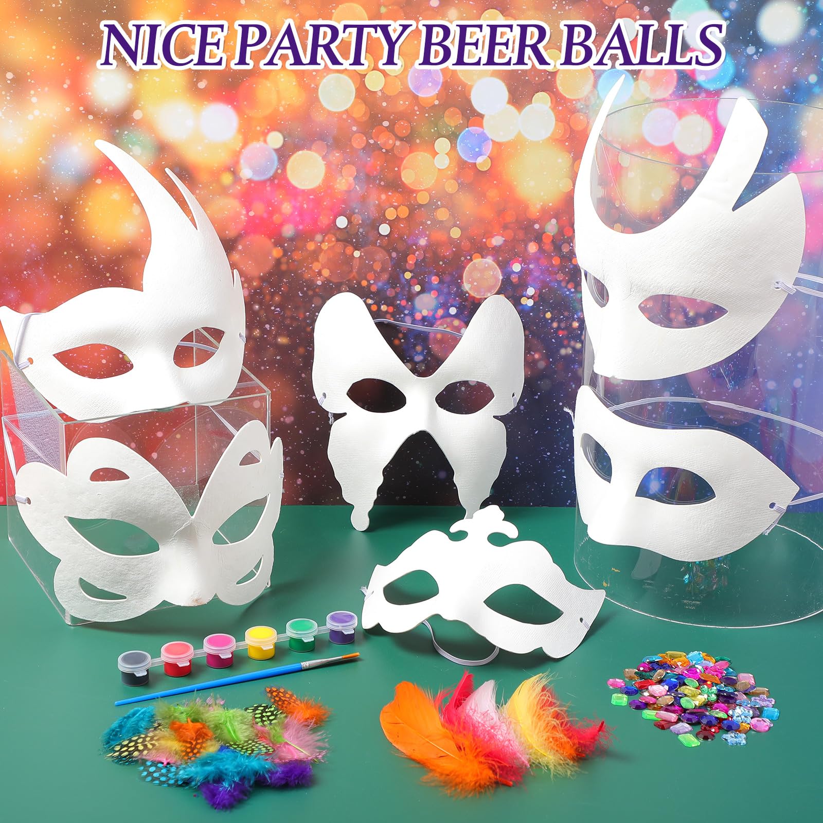 DIY Mardi Gras Mask Decorating Kit - Blank Paper Masks with Paint, Feathers, Acrylic Gems for Costume Party & Carnival Celebrations