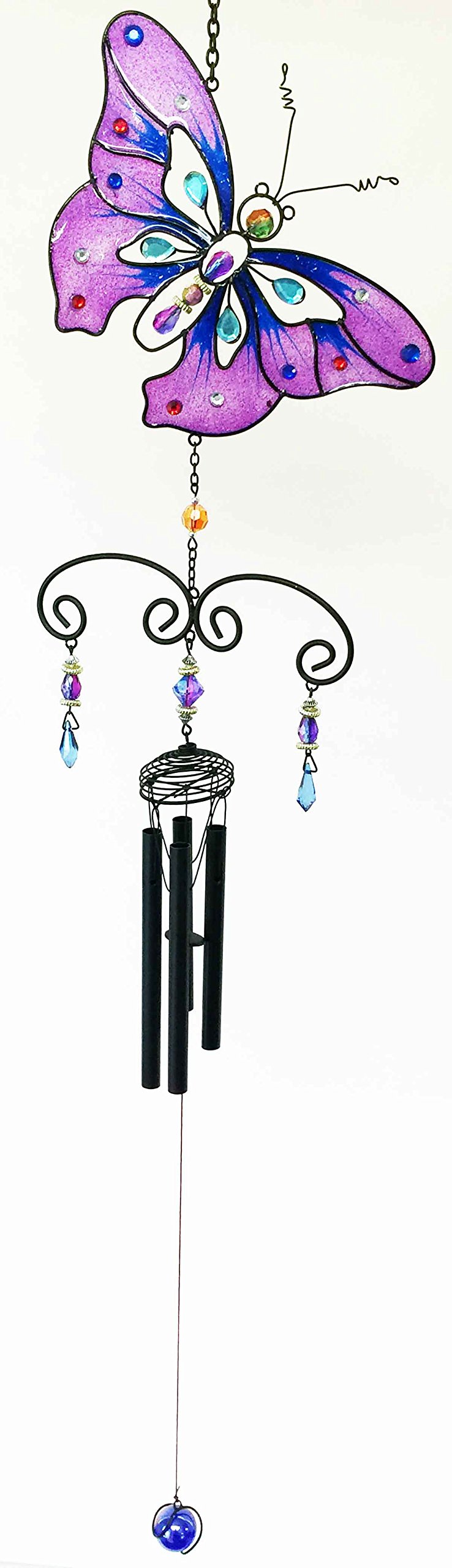 Purple Butterfly Wind Chime - Copper Glass Gem Decor for Garden & Patio