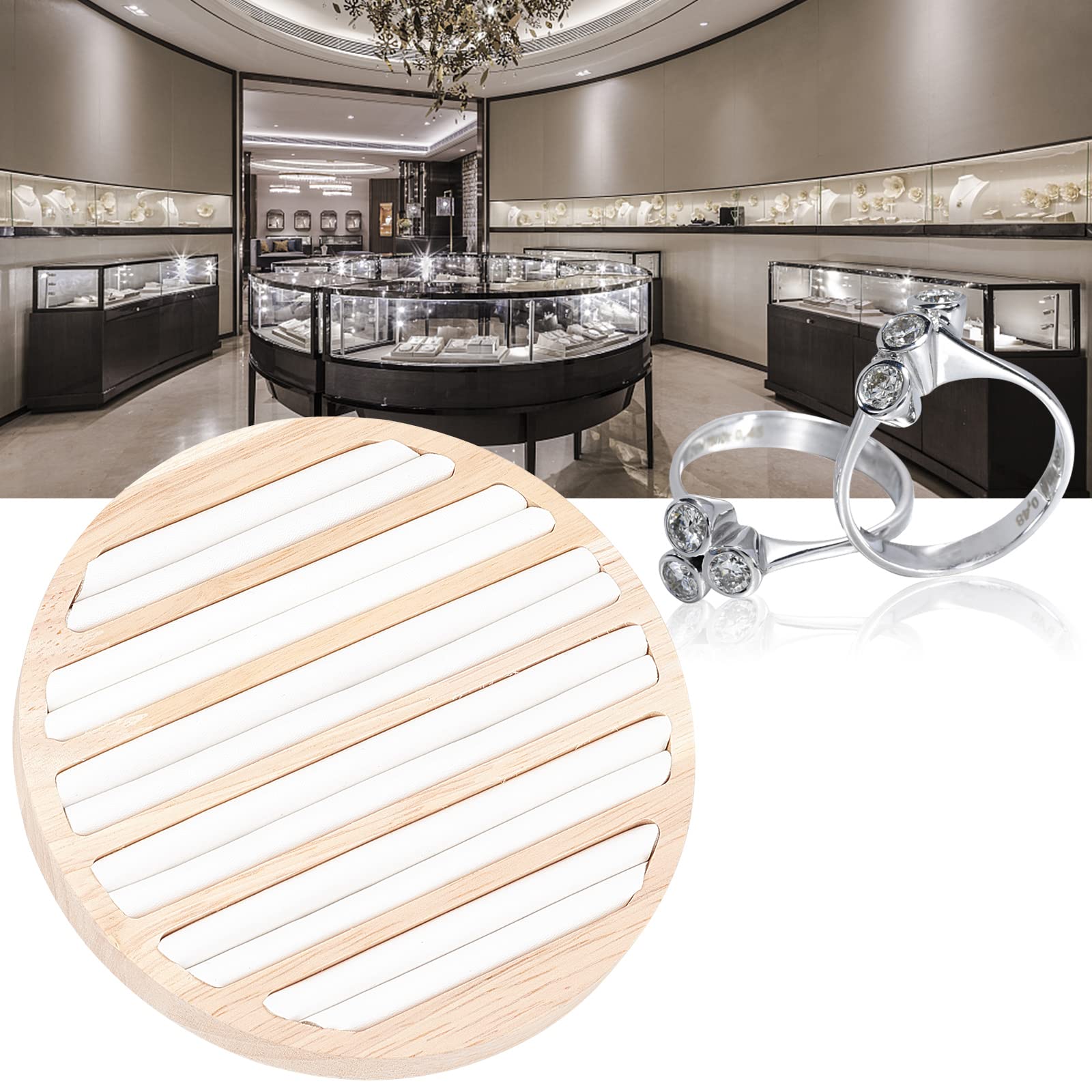 Wooden Jewelry Display Tray with 6 Long Slots & White Leather Insert - 5.89 Inch Diameter Ring Earring Organizer for Retail Stores, Boutiques & Home Jewelry Storage | Perfect for Necklace, Bracelet & Earring Display