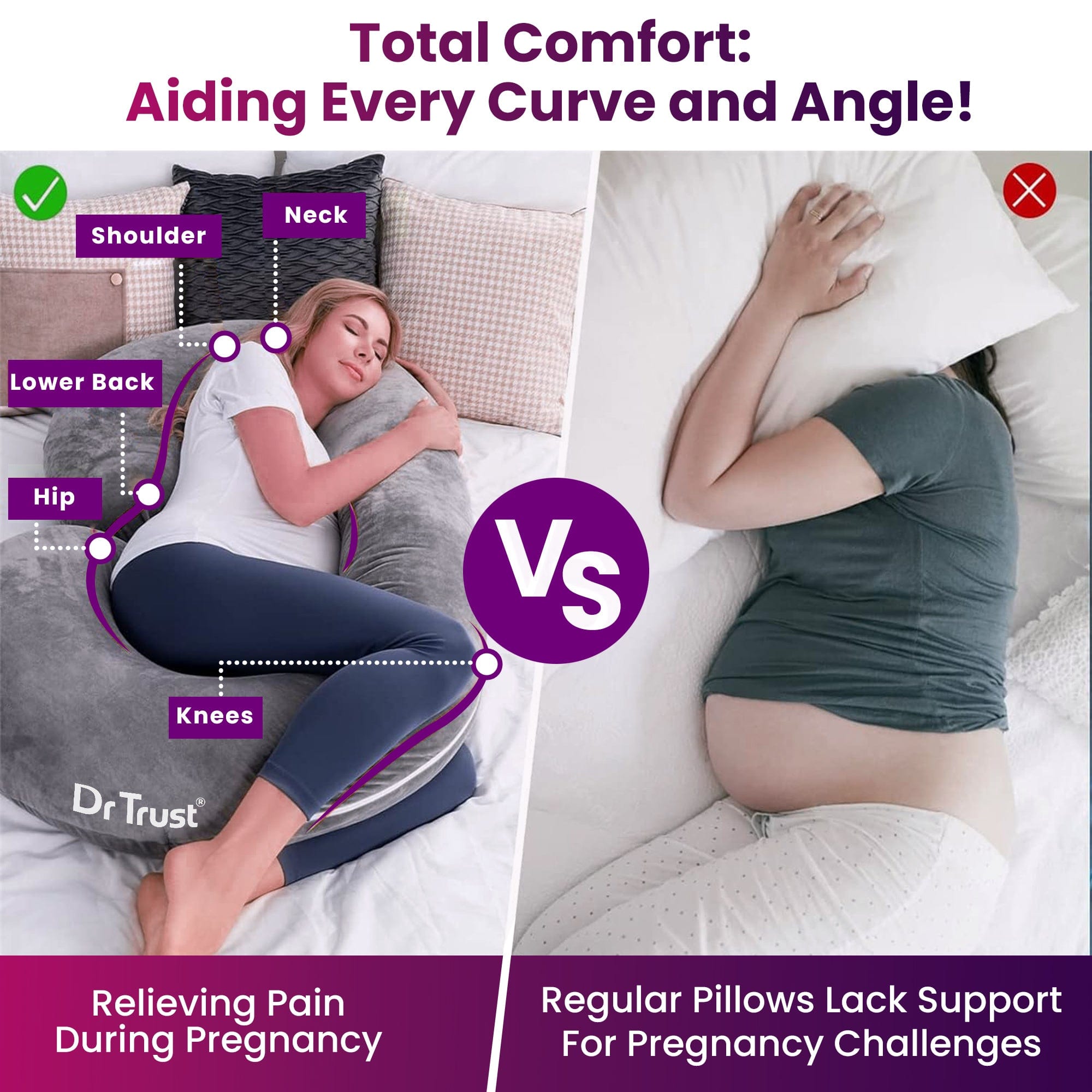 Dr Trust C-Shaped Full Body Pillow - Premium Maternity & Pregnancy Support Pillow for Side Sleepers, Back Pain Relief & Comfortable Sleeping - Perfect for Pregnancy, Nursing & Relaxation at Home