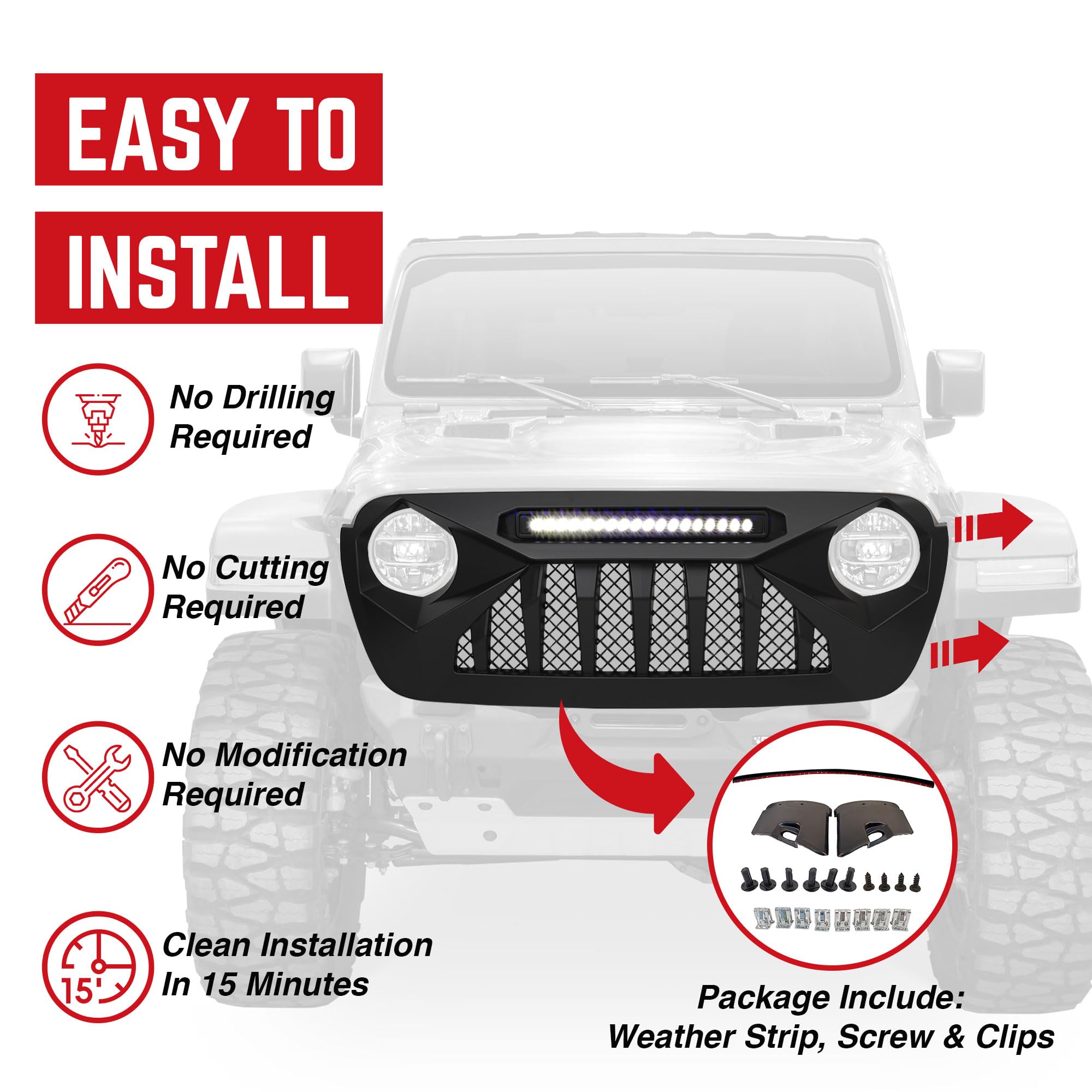 2018-2021 Jeep Wrangler JL & Gladiator JT LED Demon Grille - Matte Black Off-Road Grill with Lights (Non-Trailcam) | Upgrade for Truck & SUV Off-Roading Adventures