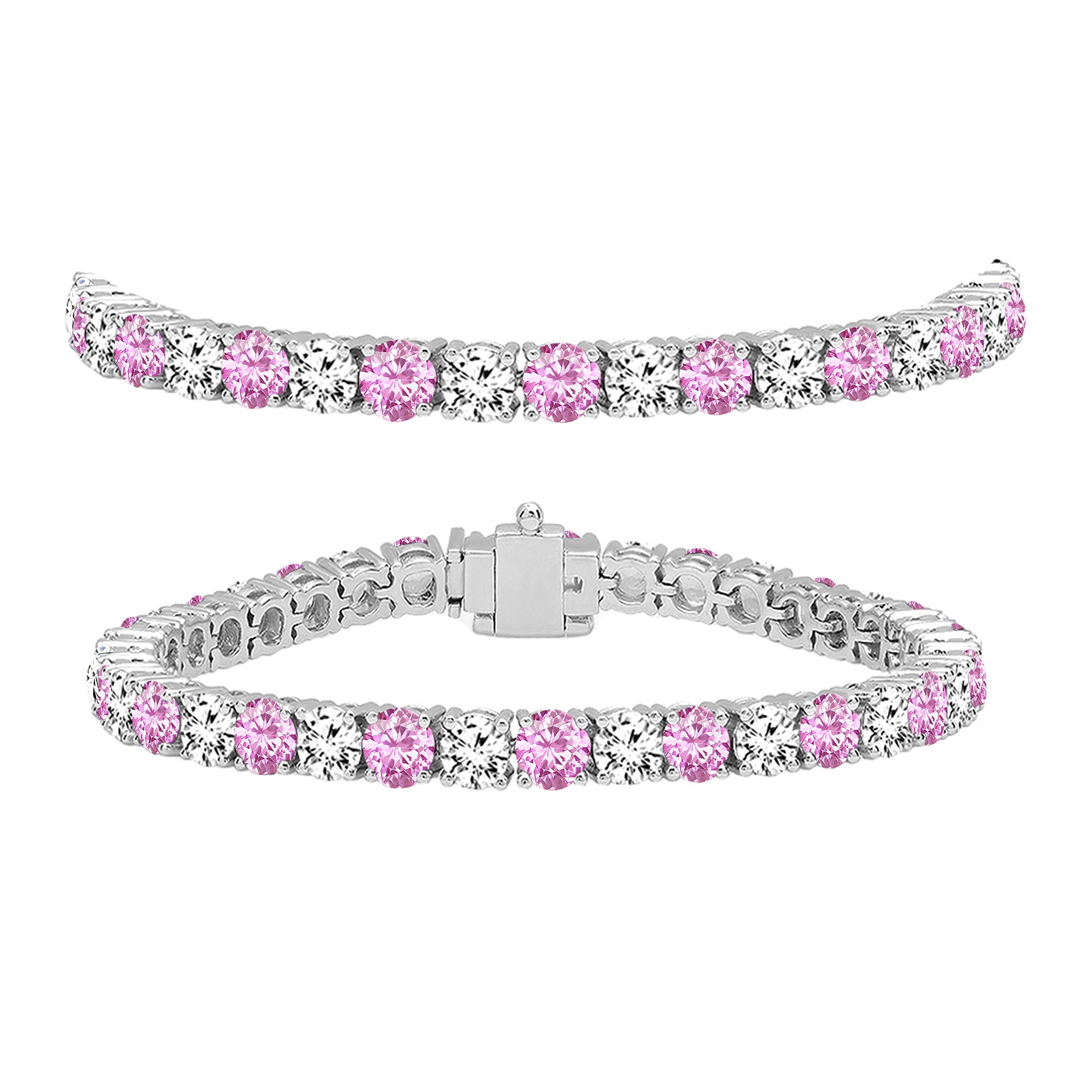 Dazzlingrock 14K Solid White Gold Pink Sapphire & Diamond Tennis Bracelet for Women - Round Cut Genuine Gemstones, Elegant Jewelry Gift for Anniversary, Wedding, Party & Special Occasions