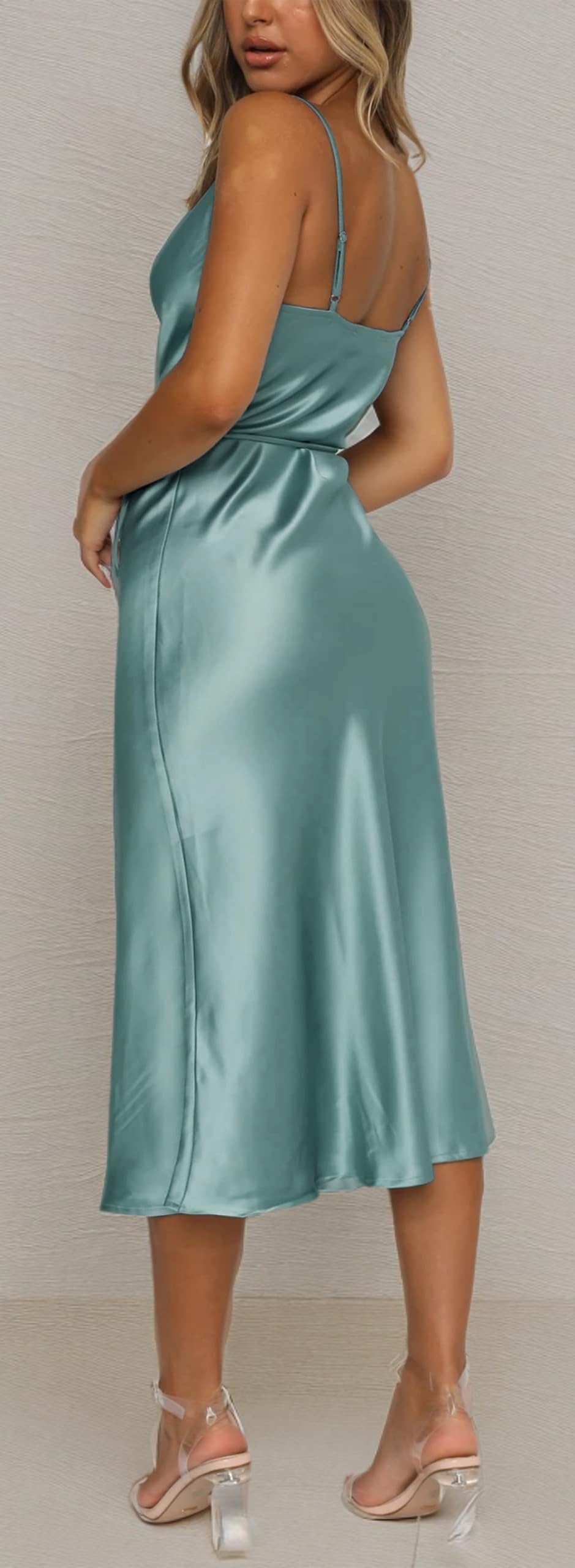 Elegant Women's Sleeveless Spaghetti Strap Satin Dress for Wedding Guest & Party | Cowl Neck Backless Midi Formal Gown | Perfect for Cocktail Events, Evening Parties & Special Occasions