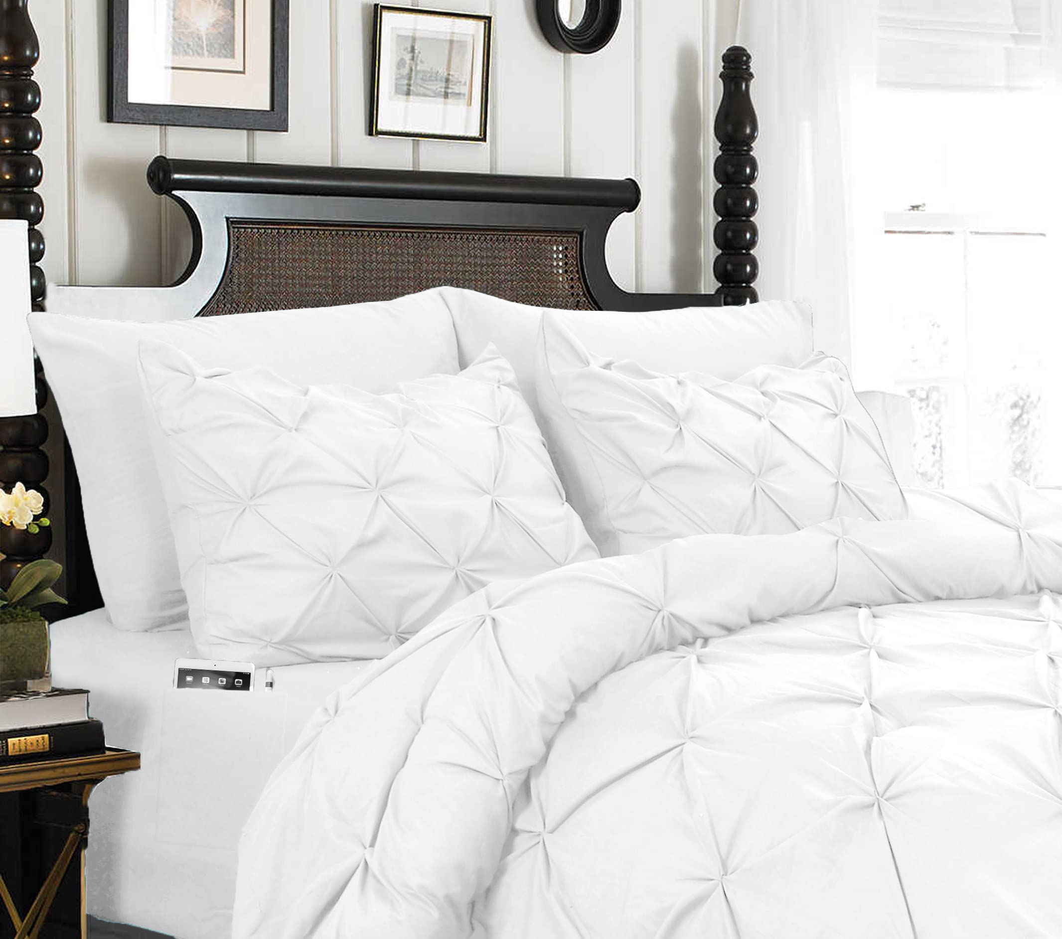 Luxury 8-Piece Pinch Pleated Comforter Set - Queen/Full Size Bed in a Bag with Silky Soft Sheets & Storage Pockets - Elegant White Bedding Set for Master Bedroom, Guest Room & Hotel Decor