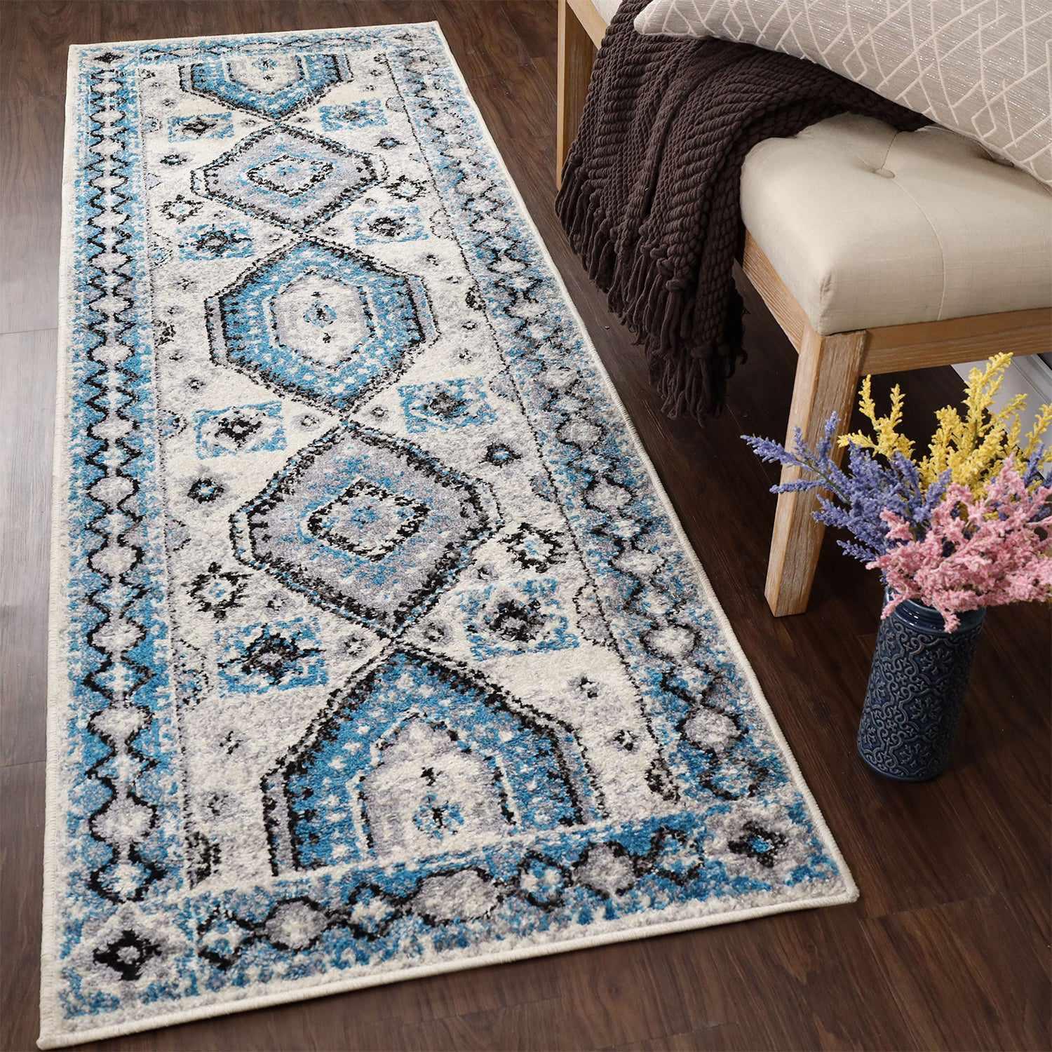 Taimak Geometric Rustic Indoor Area Rug - Non-Slip Boho Runner Carpet for Living Room, Bedroom, Hallway - Soft & Durable Home Decor