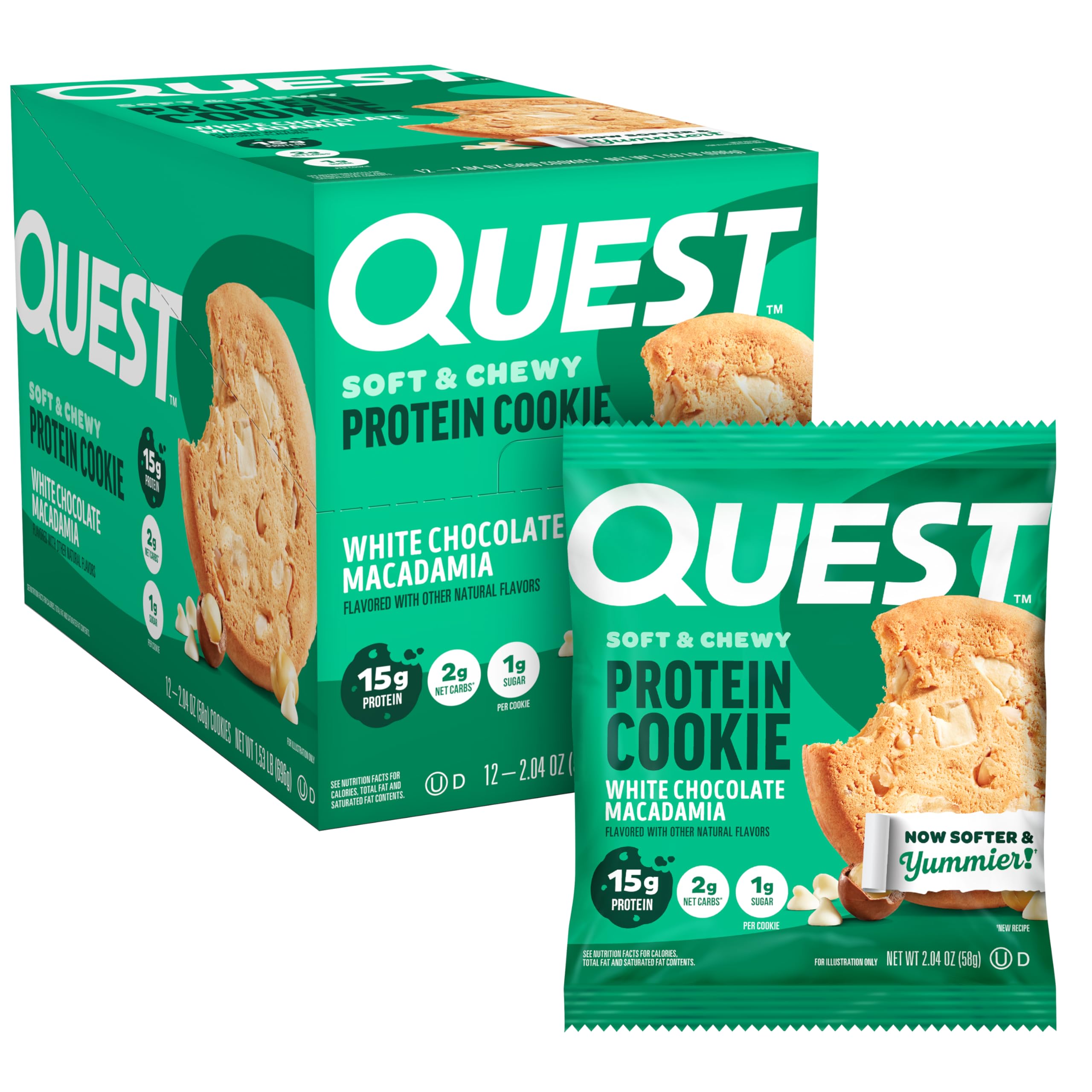 Quest Nutrition White Chocolate Macadamia Protein Cookie - 15g Protein, 1g Sugar, 2g Net Carbs | Keto Friendly, High Protein, Low Carb Snack | 12 Count Pack | Perfect for Gym, Work & Keto Diet