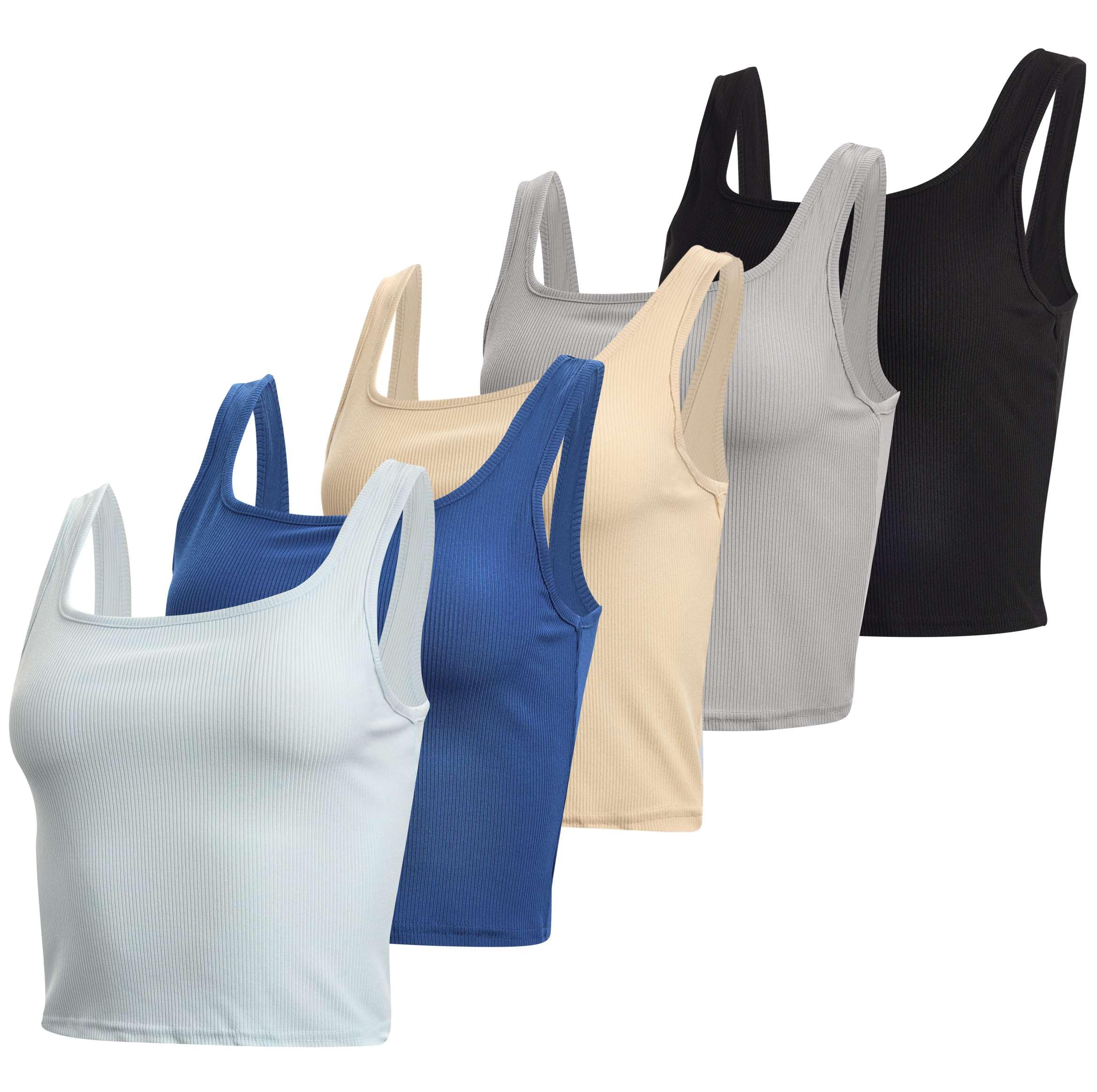 Real Essentials 5 Pack Women's Soft Knit Ribbed Square Neck Cropped Tank Tops - Sleeveless Stretchy Casual Tops for Summer, Workout, Layering & Everyday Wear