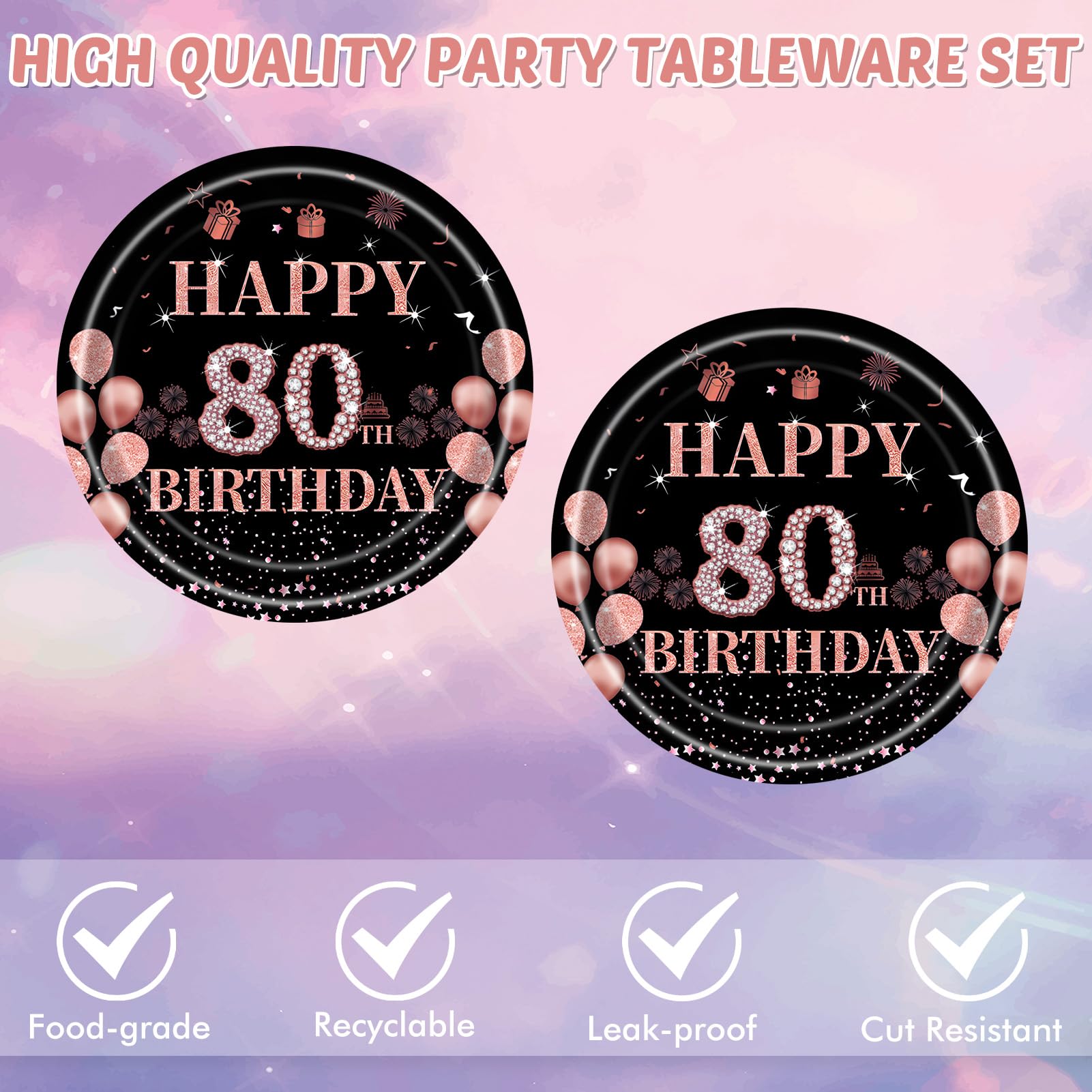 40PCS Black & Rose Gold 80th Birthday Party Decorations for Women - Elegant Plates, Napkins & Supplies Set - Perfect for Milestone Celebrations, Retirement Parties & Special Occasions