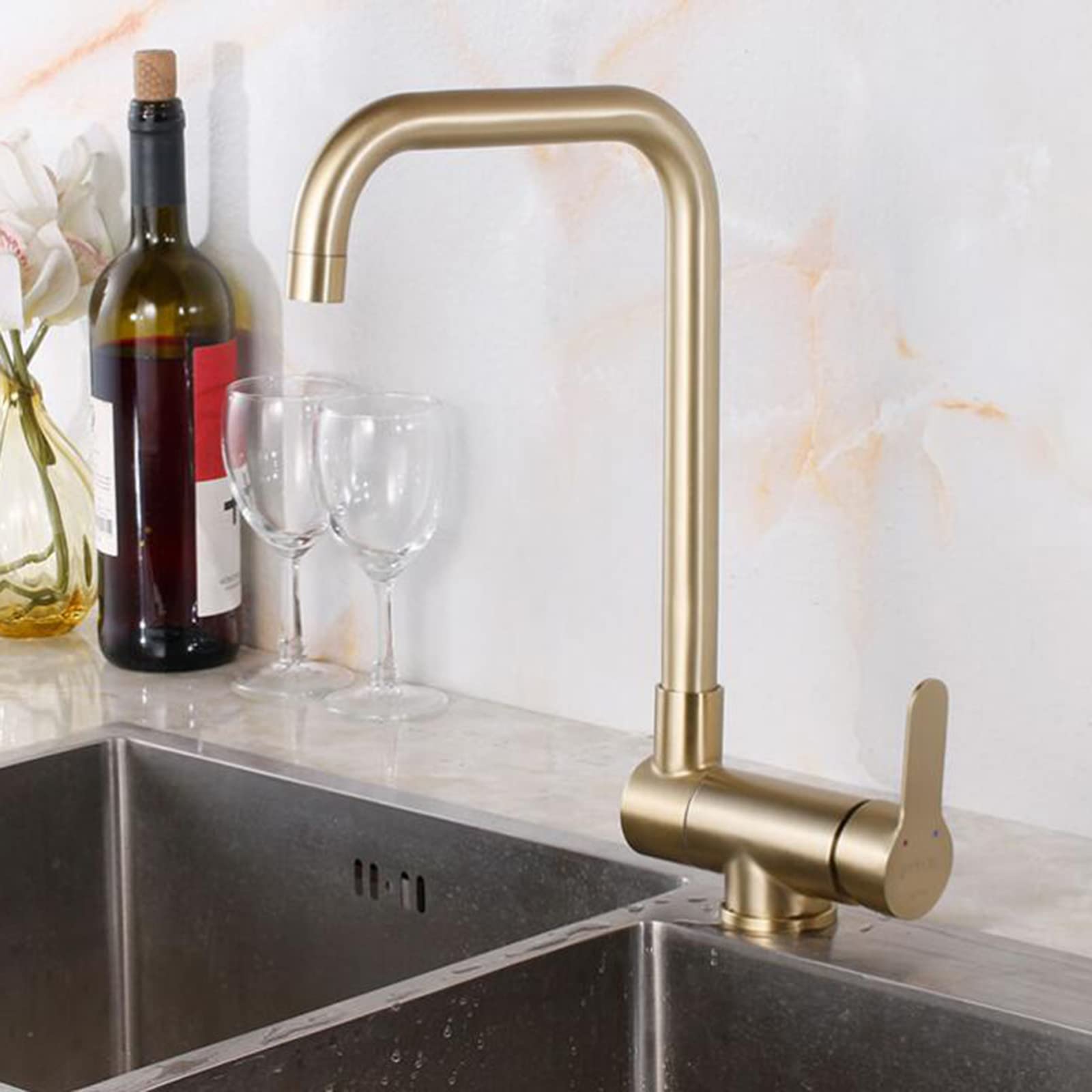 Stainless Steel Brushed Gold Kitchen Sink Mixer Faucet with Folding Design, Swivel Hot and Cold Water, Ideal for Compact Spaces and Modern Kitchens