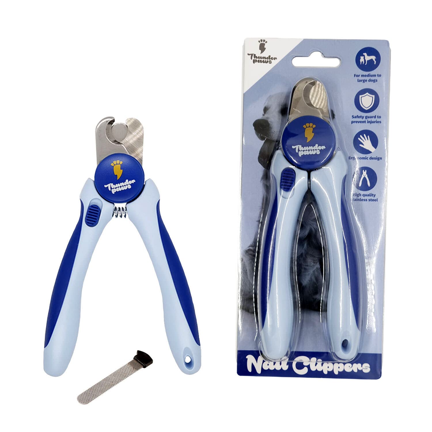 Premium Dog Nail Clippers with Safety Guard & Nail File - Professional Grooming Tool for Medium to Large Dogs - Blue Pet Nail Trimmer for Safe At-Home Grooming & Paw Care