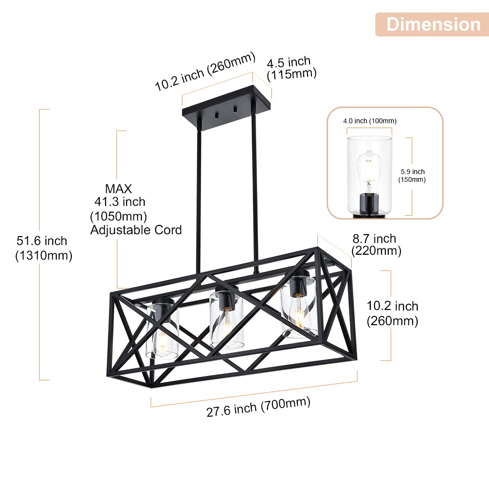 3-Lights Black Kitchen Island Pendant Lighting, Modern Dining Room Chandelier with Clear Glass Shades - Perfect for Kitchen Counter, Breakfast Bar, and Dining Table Lighting