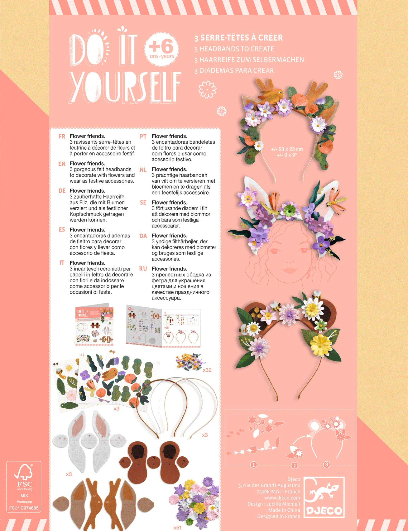 DIY Flower Friends Headbands Craft Kit by Djeco - Creative Kids Art Project for Parties, Dress-Up & Pretend Play