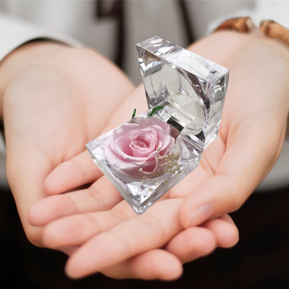 Real Preserved Rose in Mini Clear Ring Box - Eternal Flower Gift for Women, Mom, Girlfriend, Grandma - Perfect for Mother's Day, Anniversary, Valentine's, Christmas & Birthday (Pink) - Romantic Keepsake for Home Decor, Wedding Centerpiece & Special Occasions