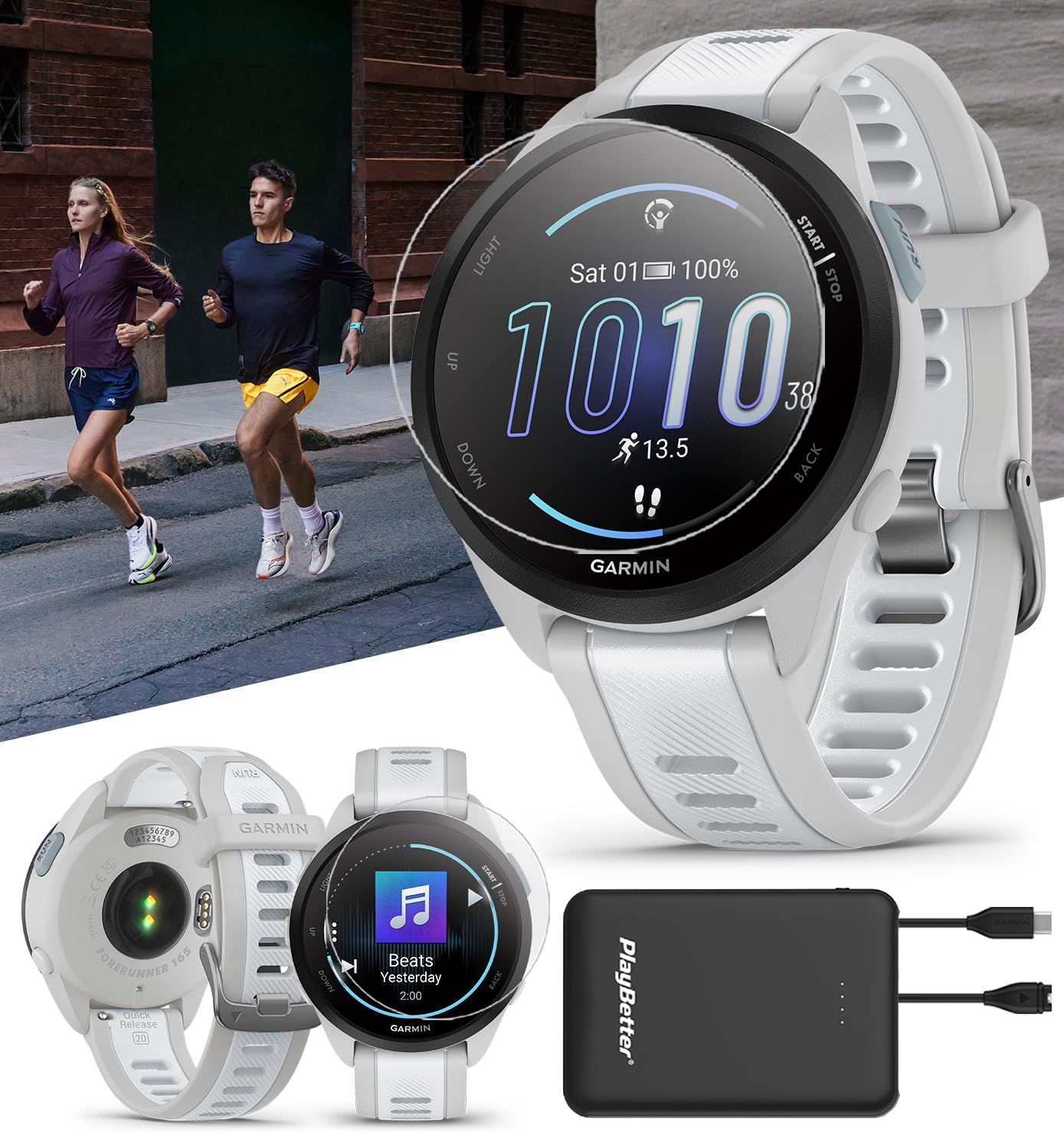 PlayBetter Garmin Forerunner 165 Music (Mist Gray/Whitestone) GPS Running Smartwatch Bundle - AMOLED Touchscreen, 11-Day Battery, Training & Recovery Metrics - Includes Screen Protectors & Portable Charger - Perfect for Runners, Athletes & Fitness Enthusiasts
