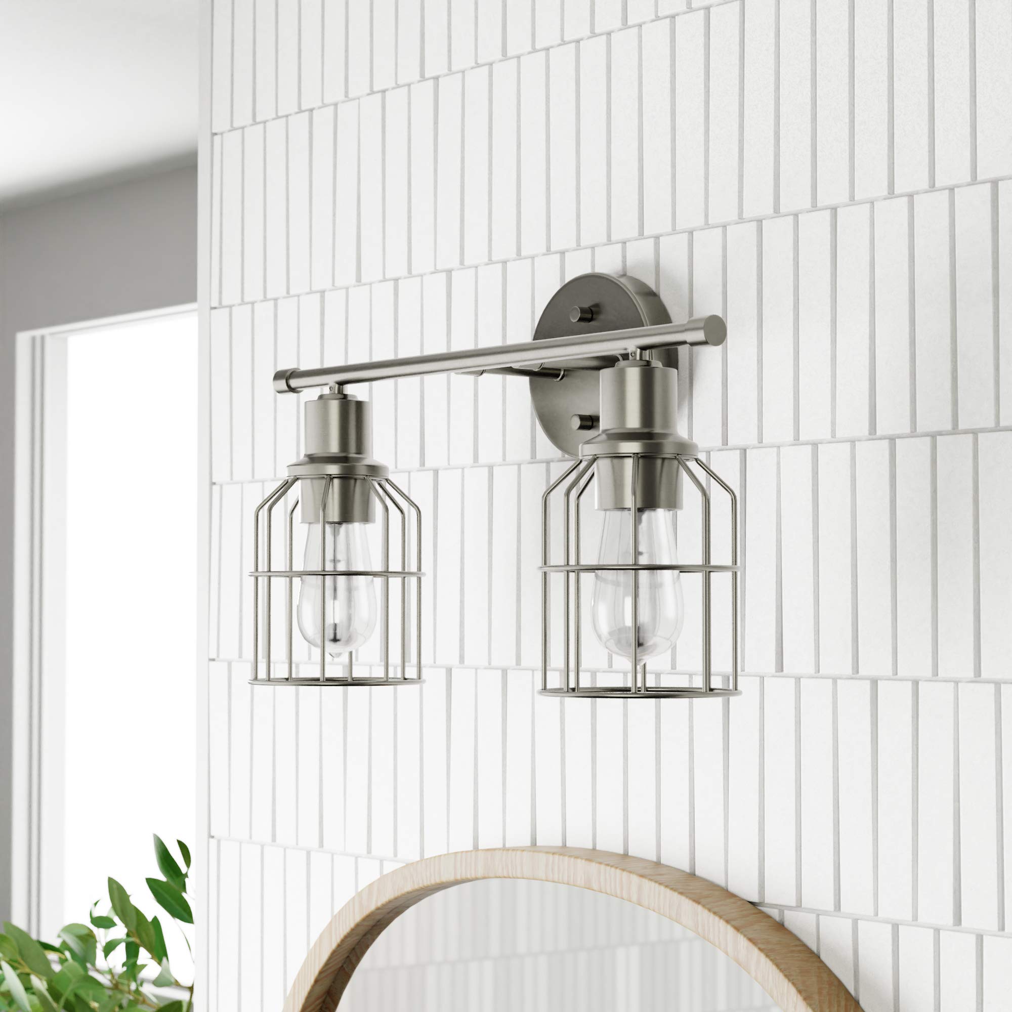 Globe Electric 51623 Dundas 2-Light Bathroom Vanity Light Fixture - Brushed Nickel Finish with Cage Shades, Includes LED Bulbs - Perfect for Bathroom, Powder Room & Dressing Room Lighting