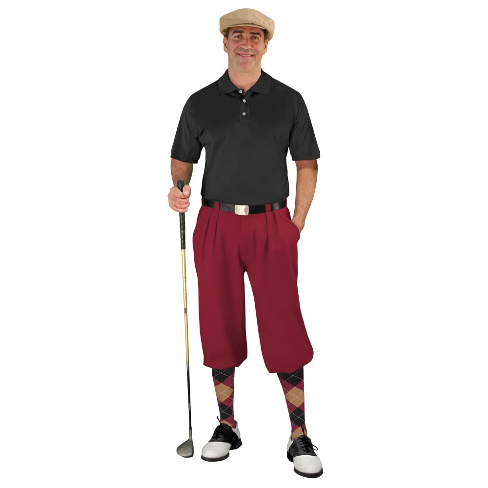 Men's Stylish Golf Knickers Outfit - Maroon Color with Matching Cap & Argyle Socks | Perfect for Golf Tournaments, Country Club Events & Vintage-Themed Sports Outings
