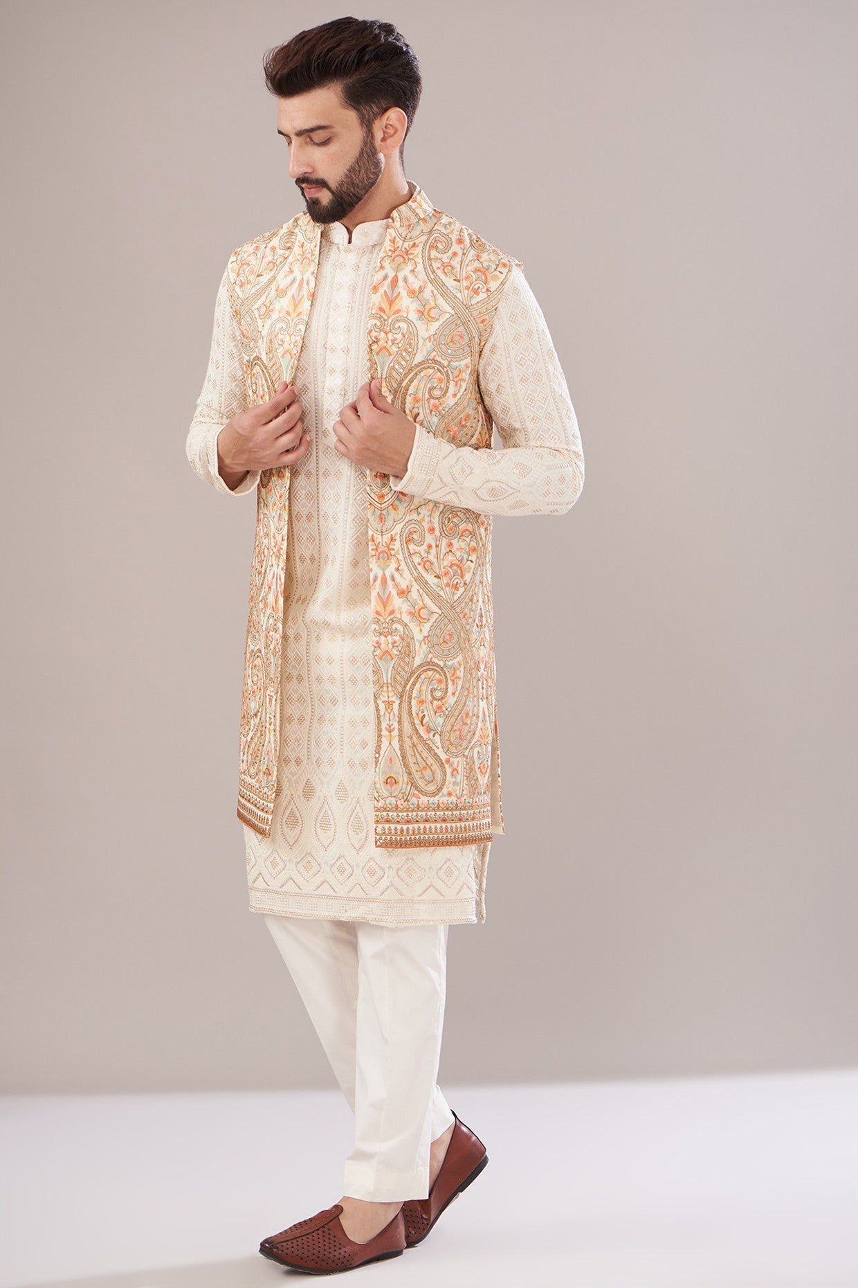 Ivory Embroidered Georgette Indo-Western Jacket for Women - Perfect for Weddings, Parties & Festive Occasions