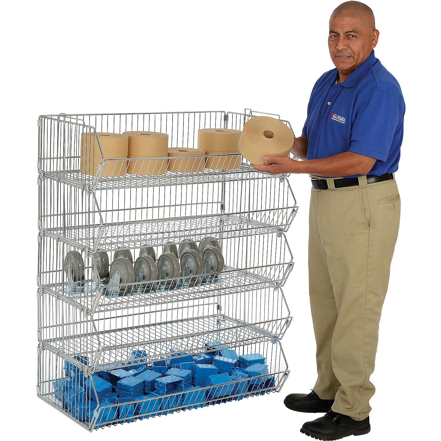 Global Industrial Stackable Wire Storage Rack with Removable Bins - 48x20x54 Inches - Heavy Duty Metal Shelving Unit for Warehouse, Garage & Home Organization