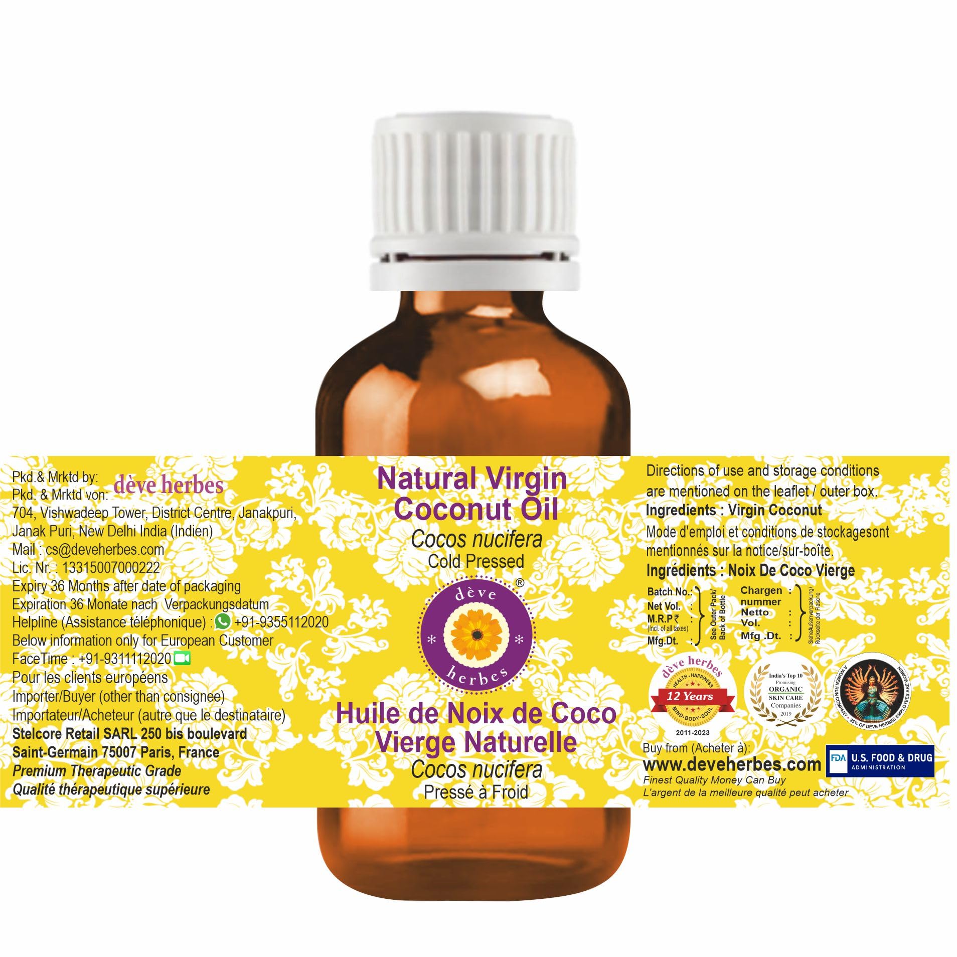 Deve Herbes Natural Virgin Coconut Oil (Cocos Nucifera) - Cold Pressed, Therapeutic Grade, 50ml - Perfect for Cooking, Skin Care & Hair Treatment