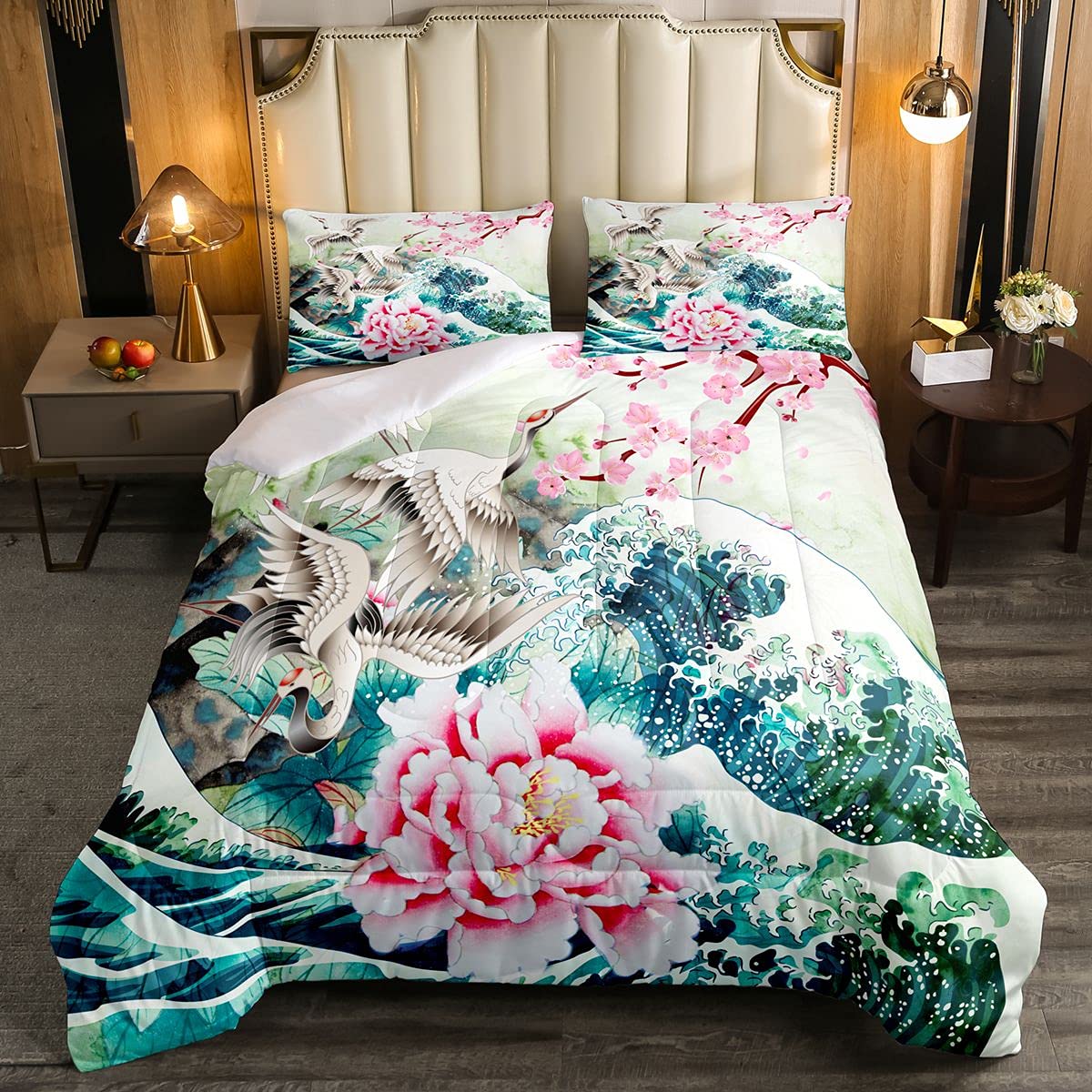Feelyou Japanese Style Duvet Cover Set - Sakura Crane Wave Pattern Bedding for Kids (Boys & Girls) | Soft Lightweight Quilted Comforter Set | Twin Size 2-Piece | Perfect for Bedroom Decor & Asian-Themed Kids Rooms