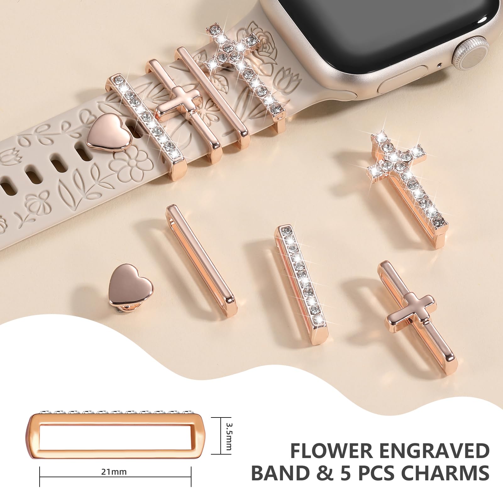 DaQin Floral Engraved Silicone Band Compatible with Apple Watch 38mm 40mm 41mm 42mm 44mm 45mm - Women's Fashion Strap with Charms for Series SE/1/2/3/4/5/6/7/8/9 - Perfect for Workouts, Office Wear & Everyday Fashion Accessory
