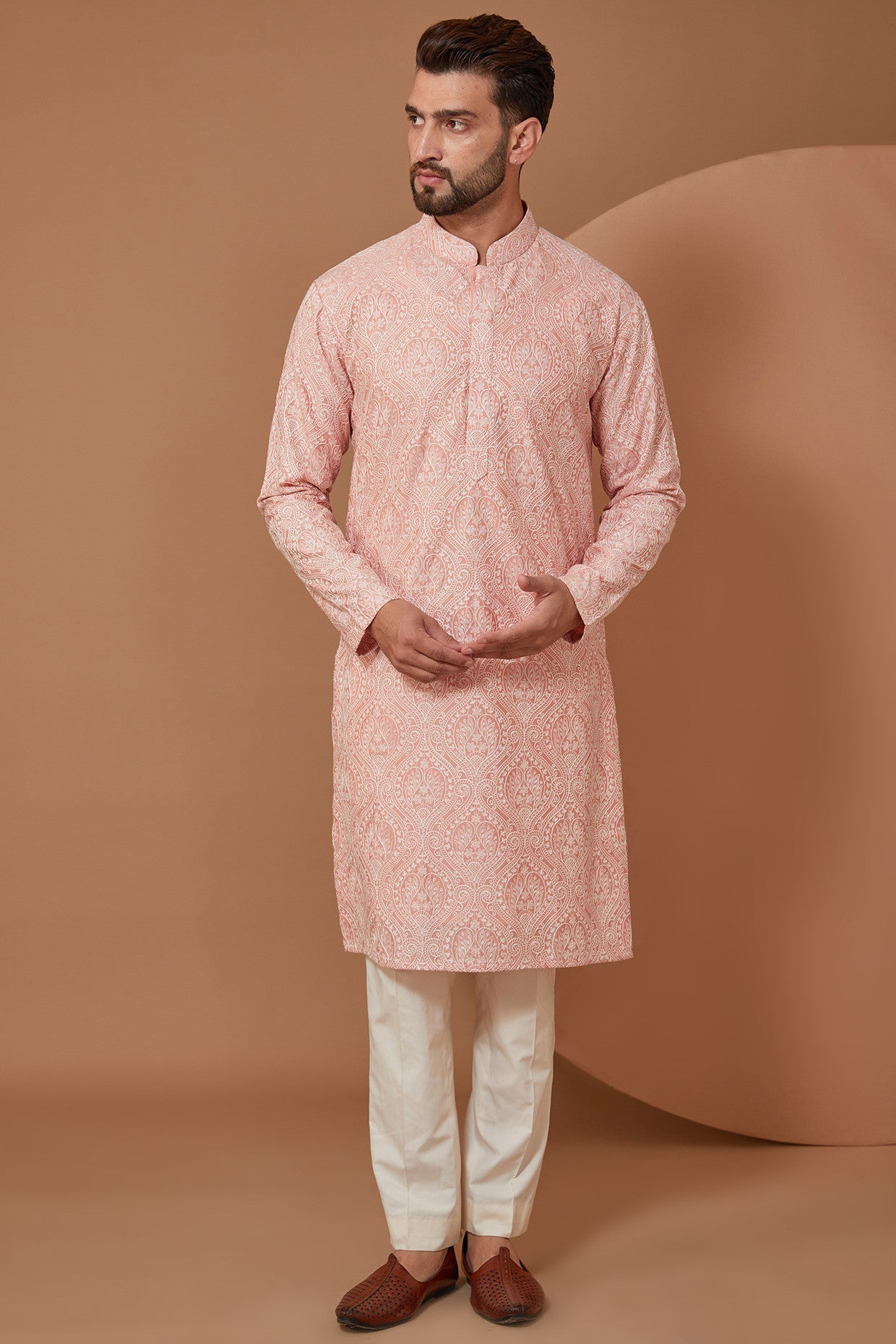 Elegant Peach Embroidered Kurta with White Threadwork - Perfect for Festivals, Weddings & Ethnic Fashion