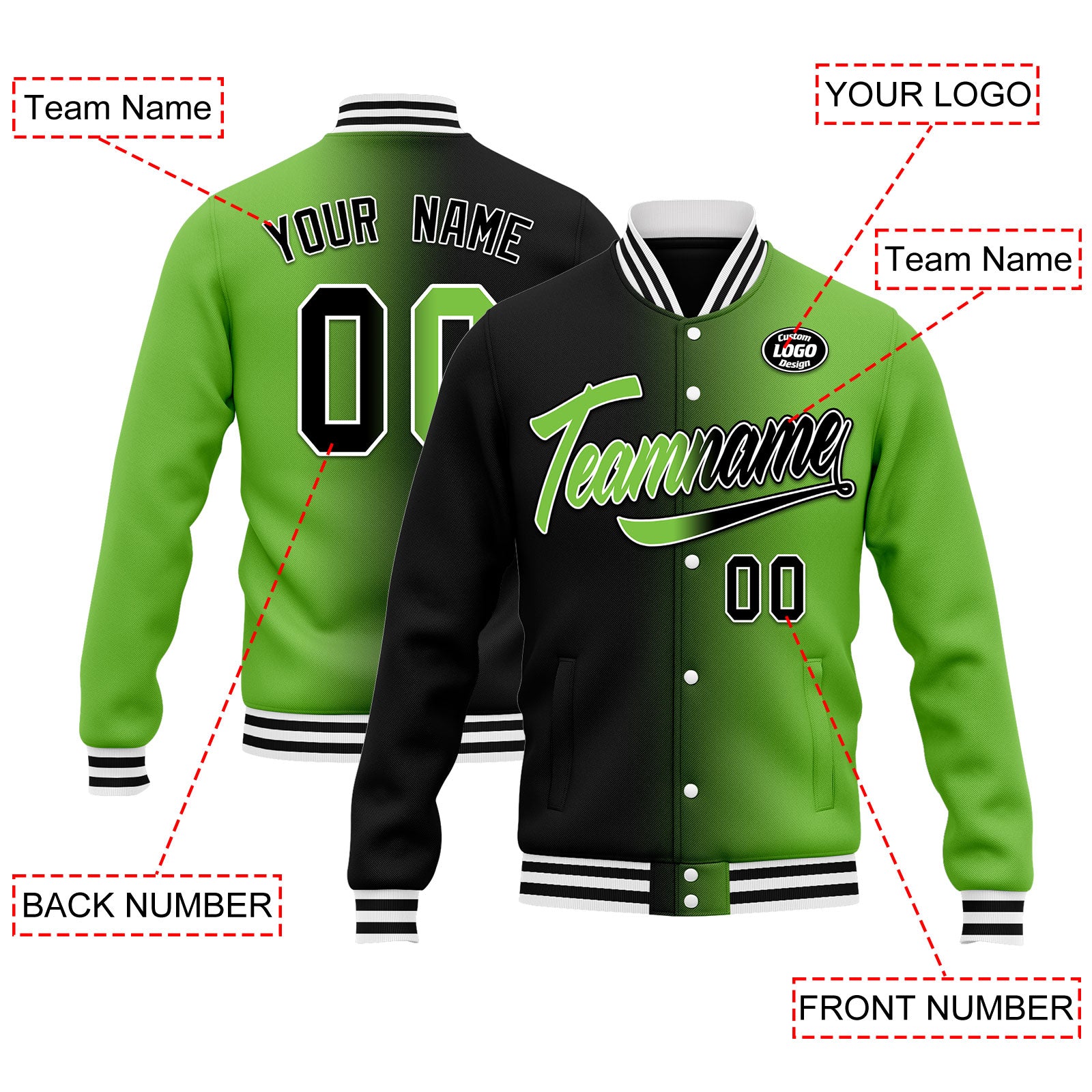 Custom Gradient Fashion Bomber Jacket - Full Snap Varsity Letterman Personalized Coat for Men & Women | Perfect for Streetwear, Casual Outfits & School Events (Style FZ005 D028016)