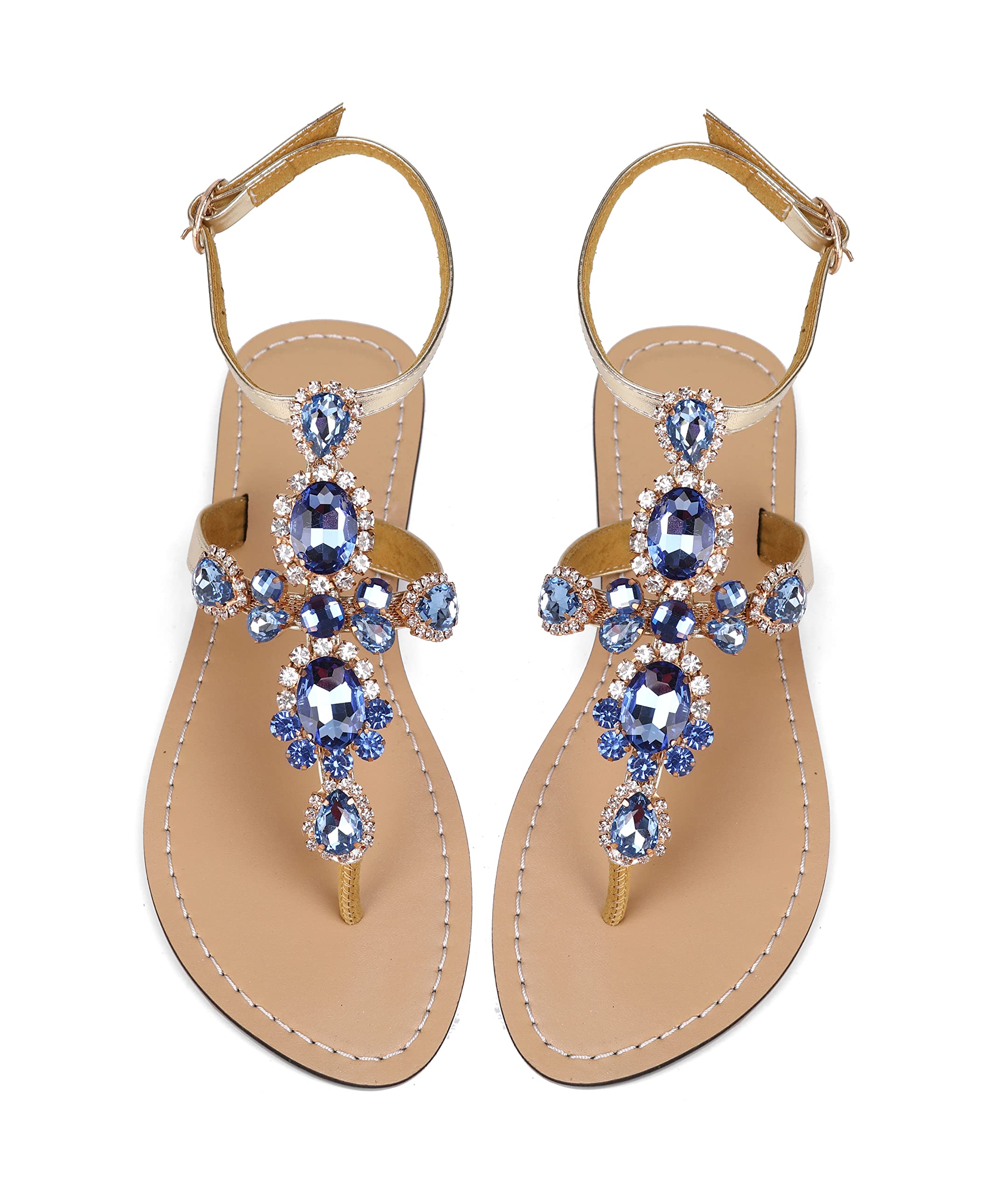 Sparkling Rhinestone Gladiator Sandals for Women - Flat Wedding Sandals with Gem & Pearl Details - Blue Bohemian Bridal & Bridesmaid Shoes for Beach Weddings, Summer Parties & Boho Fashion