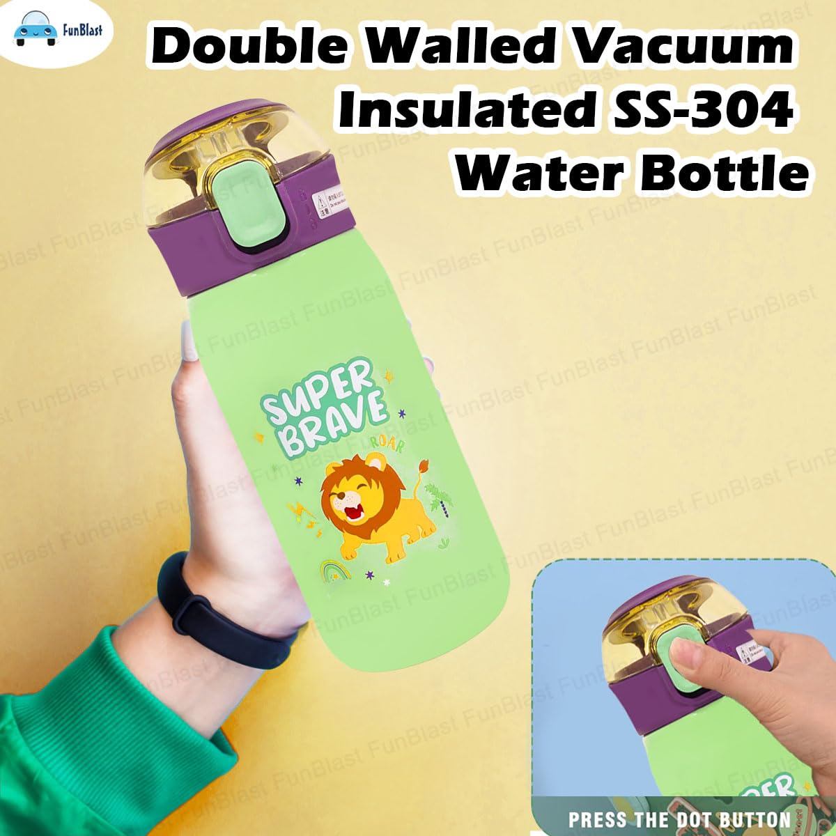 FunBlast Insulated Stainless Steel Water Bottle for Kids - 500ml Double Walled Vacuum Insulated SS-304 Water Bottle with Cartoon Design | Keeps Drinks Hot & Cold for 12+ Hours | Perfect for School, Sports, Travel & Outdoor Activities