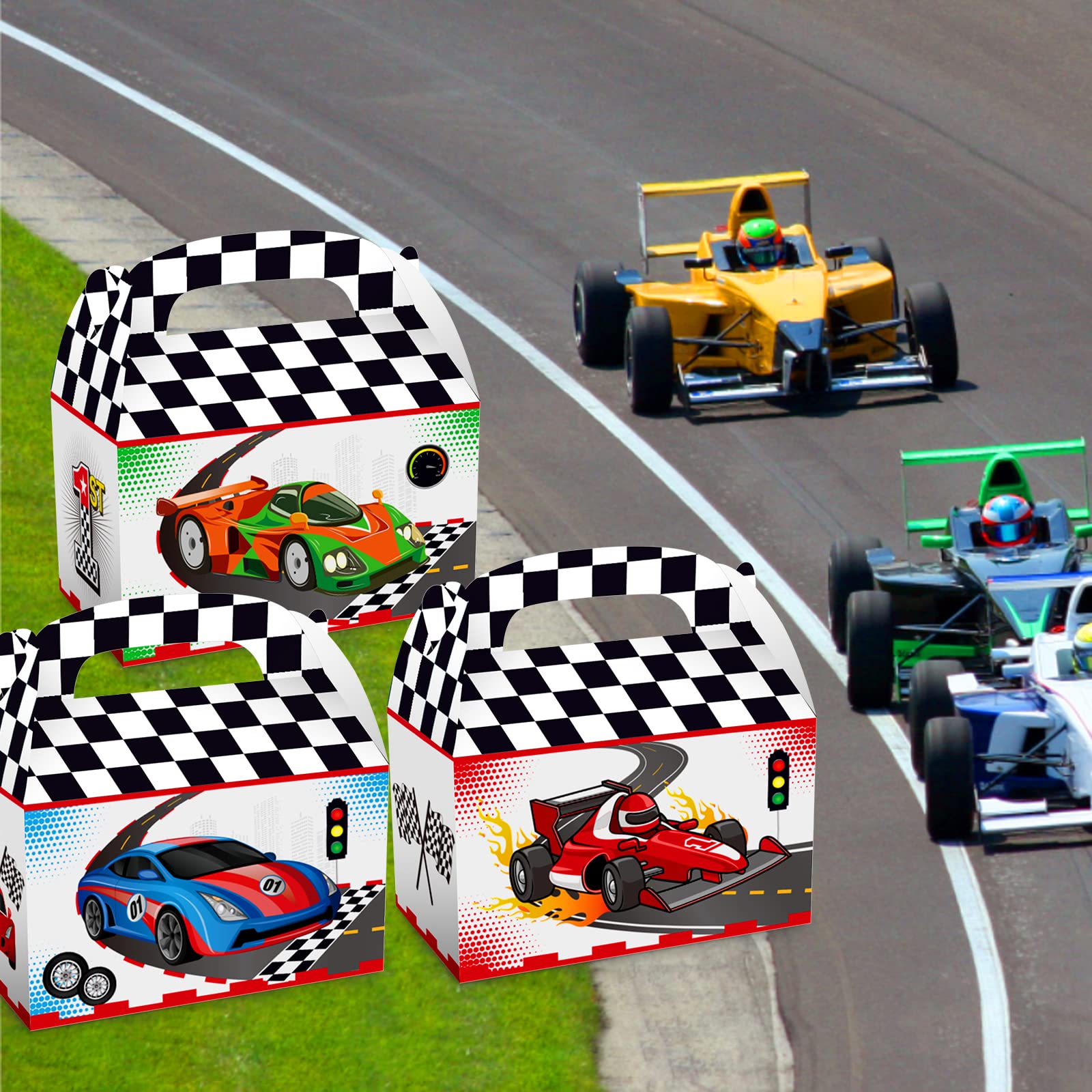 12 Pack Racing Treat Boxes - Black and White Checkered Candy Goodie Bags for Car Themed Birthday Party Decorations, Favors & Supplies | Perfect for Kids' Race Car Parties, Baby Showers & Themed Events