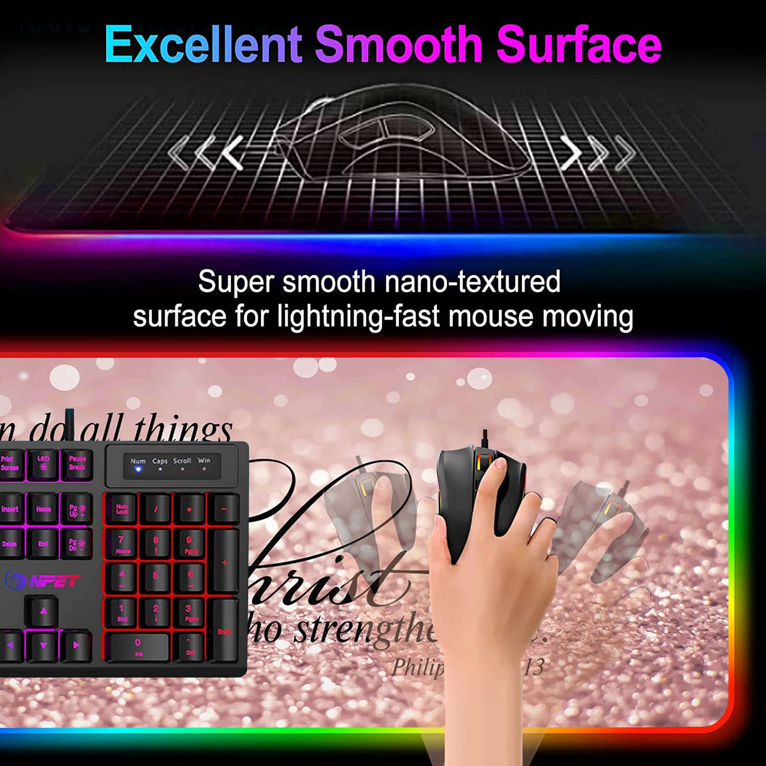 RGB Gaming Mouse Pad with LED Lights - Large Non-Slip Waterproof Desk Mat for Keyboard & Mouse | Pink Glitter Design with Philippians 4:13 Bible Verse | Perfect for PC Gaming, Office Work & Home Computer Setup