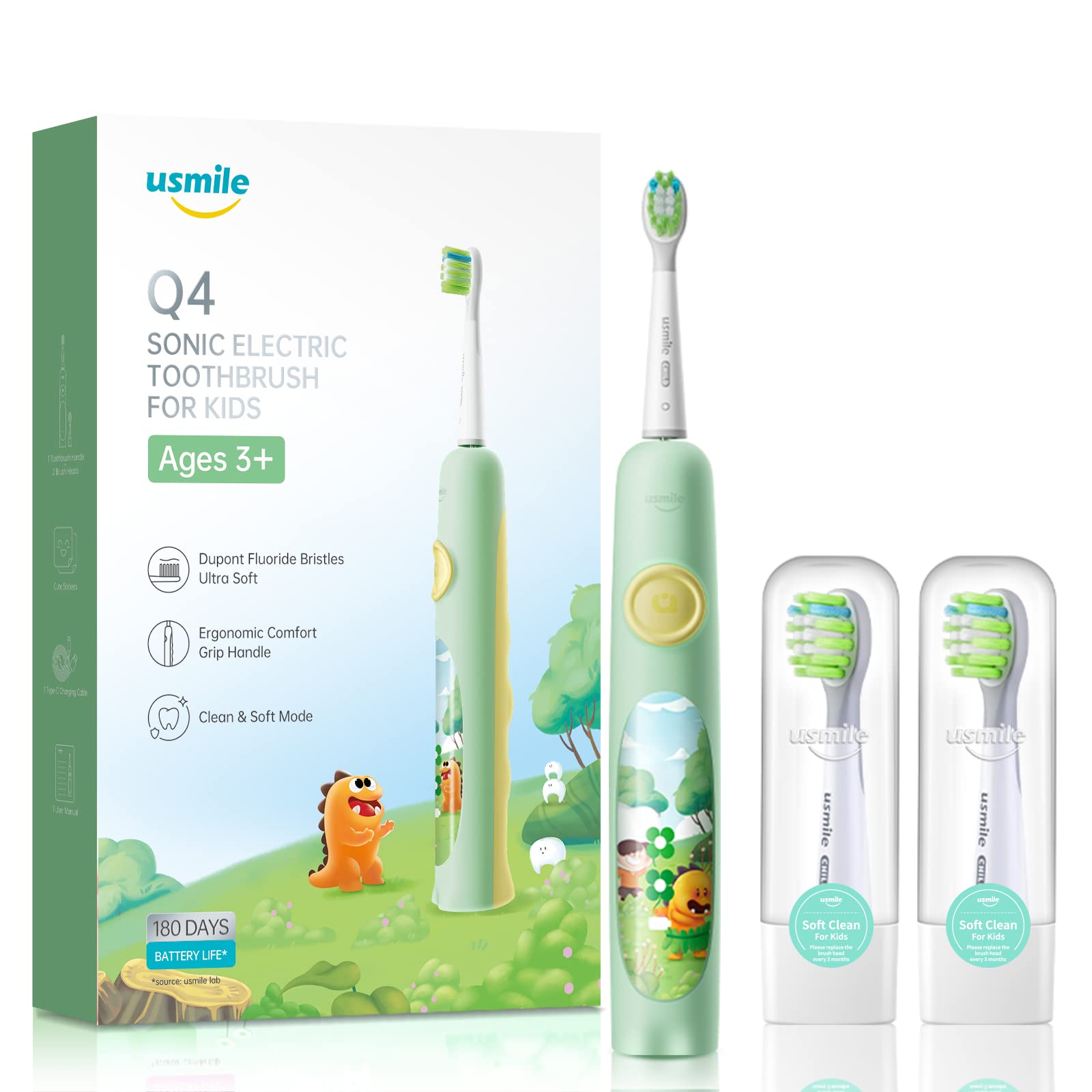 usmile Kids Electric Toothbrush - Soft Bristles, 2-Minute Timer, Ergonomic Silicone Handle, 6-Month Battery Life, for Ages 3+ (Green) - Perfect for Gentle Teeth Cleaning & Developing Healthy Oral Hygiene Habits in Children