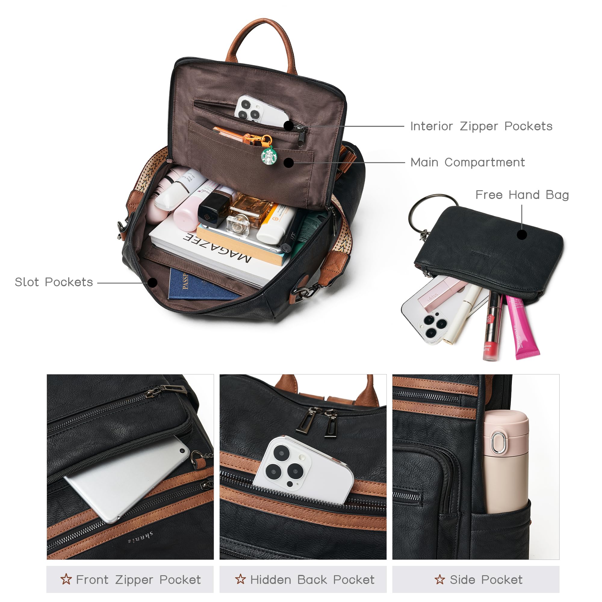 Shrrie Women's Leather Backpack Purse - Convertible Shoulder Bag for Travel, Work & Daily Use | Fashion Designer Backpack for Women