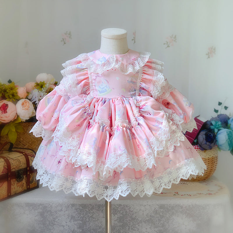 Pink Lolita Lace Long Sleeve Baby Girl Dress - Princess Party Dress for Toddler Girls - Perfect for Birthday Parties, Photo Shoots & Special Occasions
